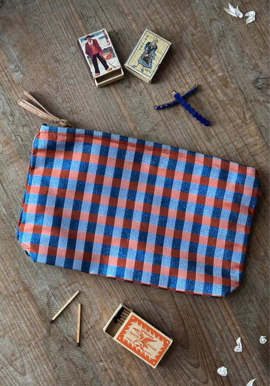 Large Navy and Orange Gingham Pouch