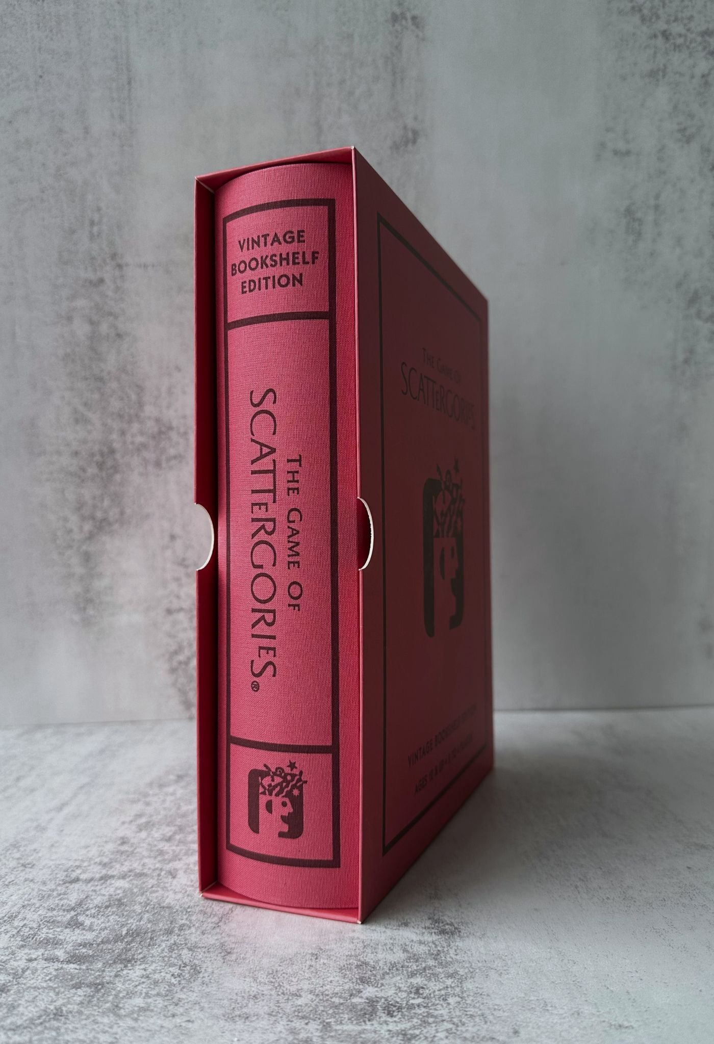 Scattergories Vintage Bookshelf Edition word game in a wine cloth-bound box.