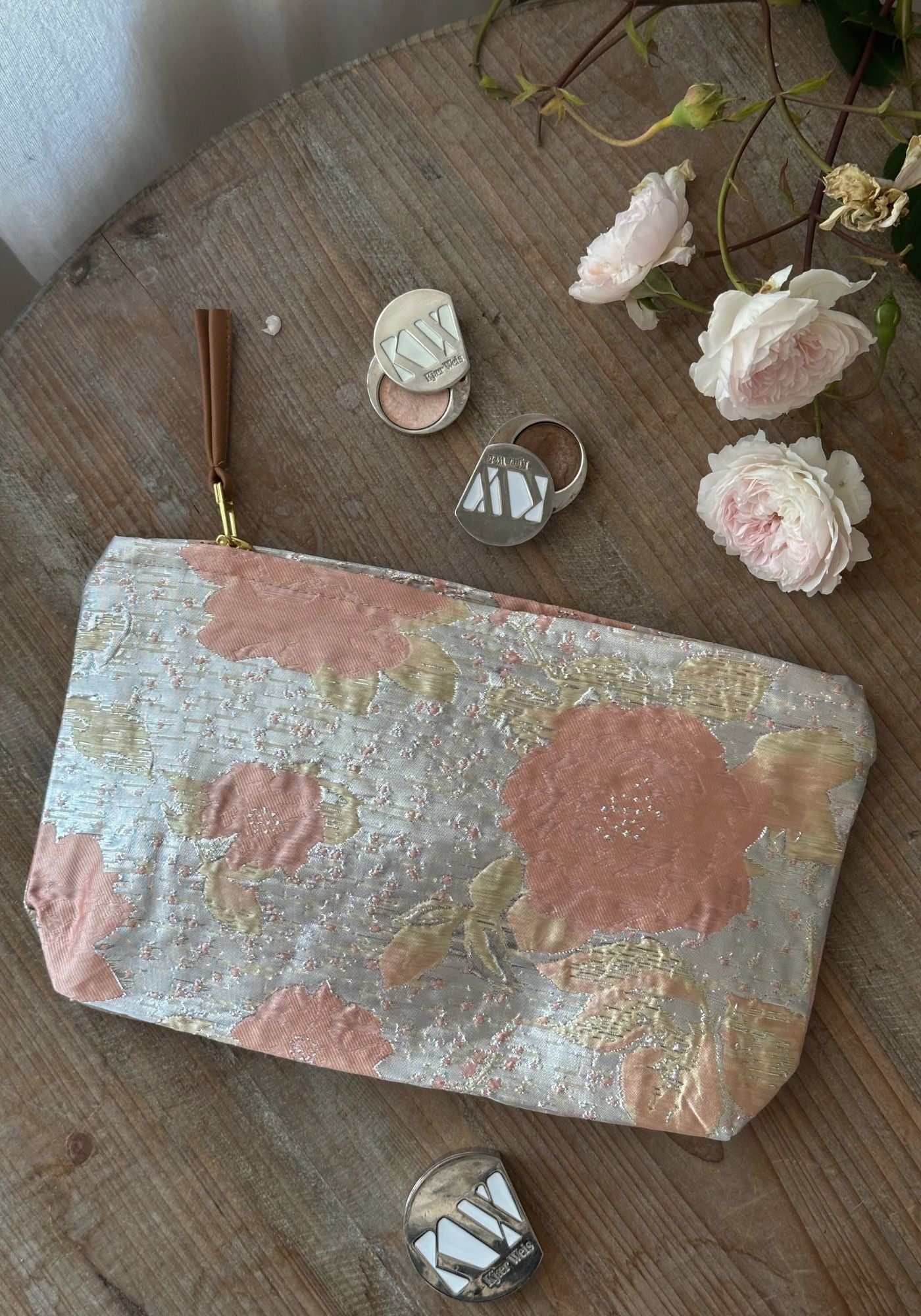 Blush Camelia Floral Silver Pouches