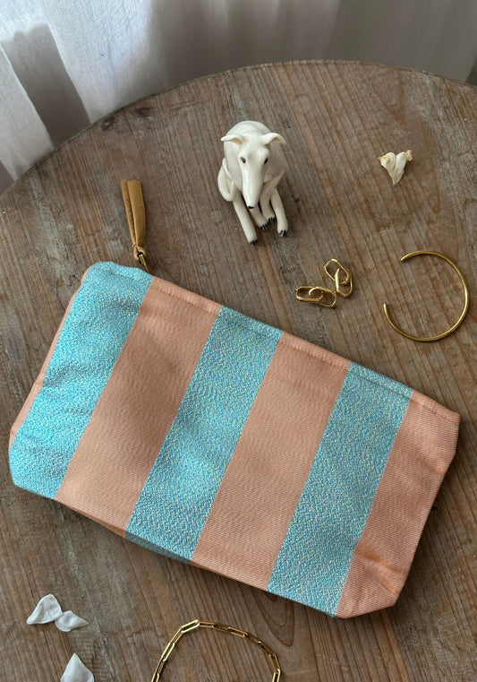 Large Peach and Blue Stripe Pouch