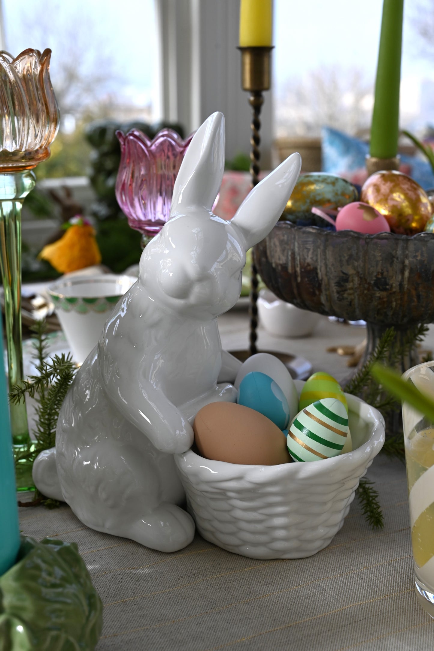 Large White Porcelain Easter Bunny Decoration - Sideways Facing