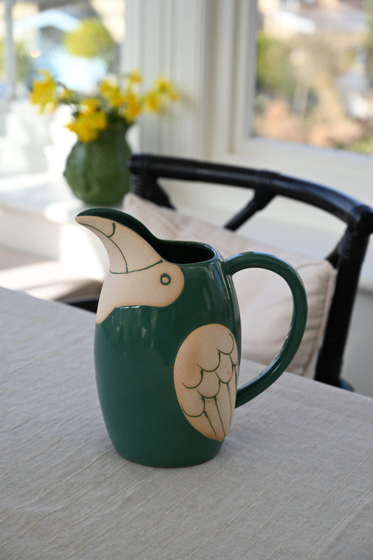 Pichet en grès à motif d'oiseau vert forêt