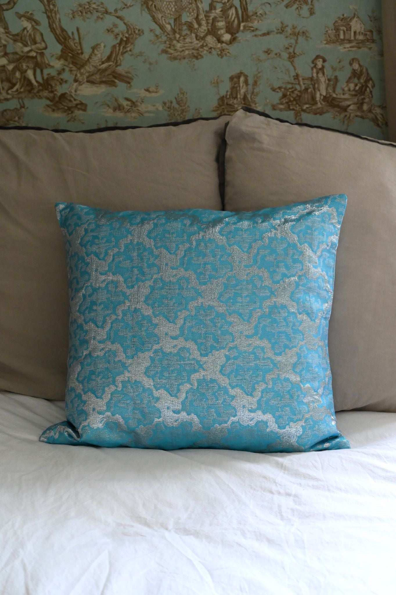 Luxury cyan blue cushion cover with metallic silver abstract tile brocade pattern