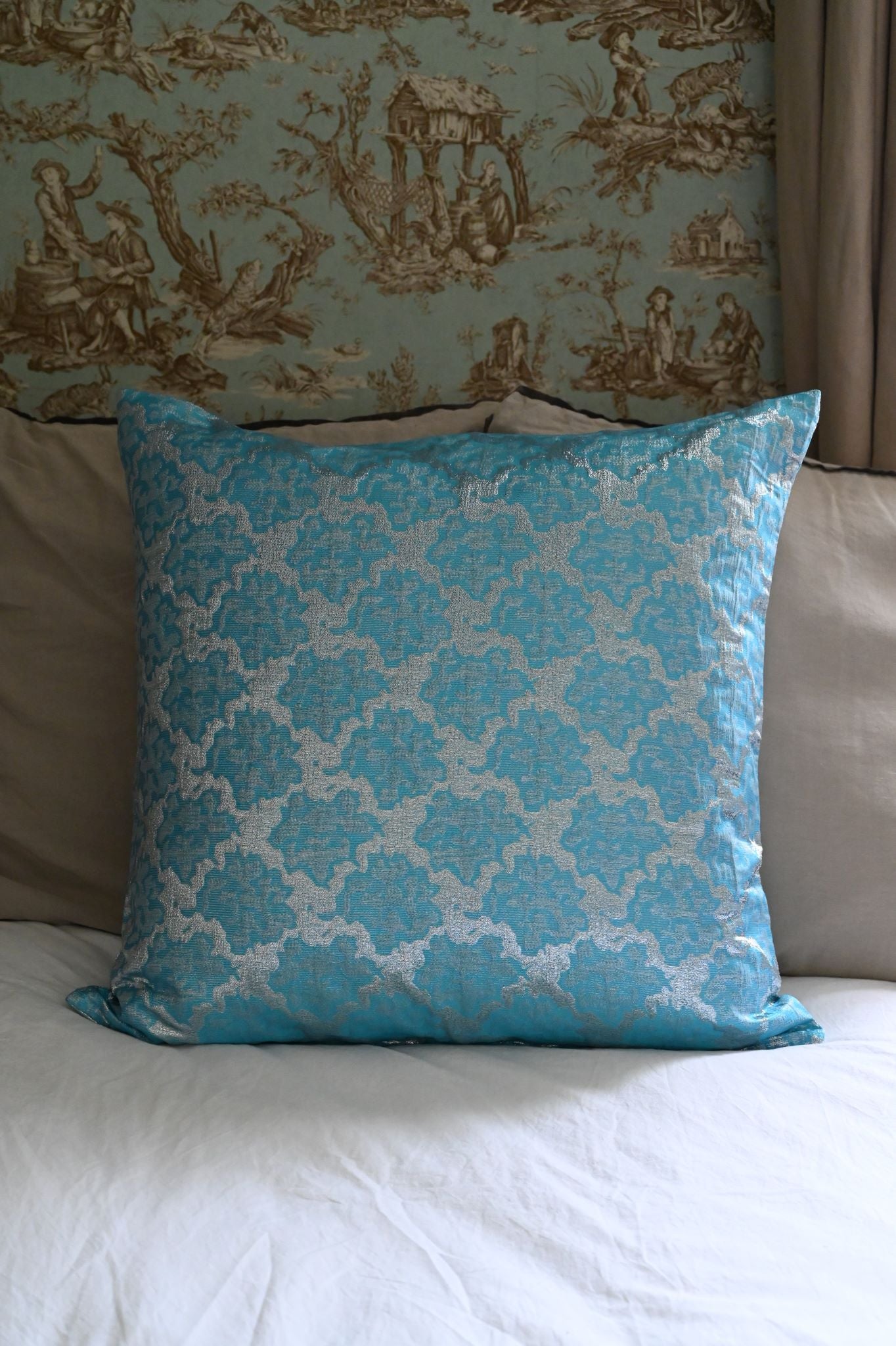 Cyan Blue and Silver Abstract Tile Cushion Collection