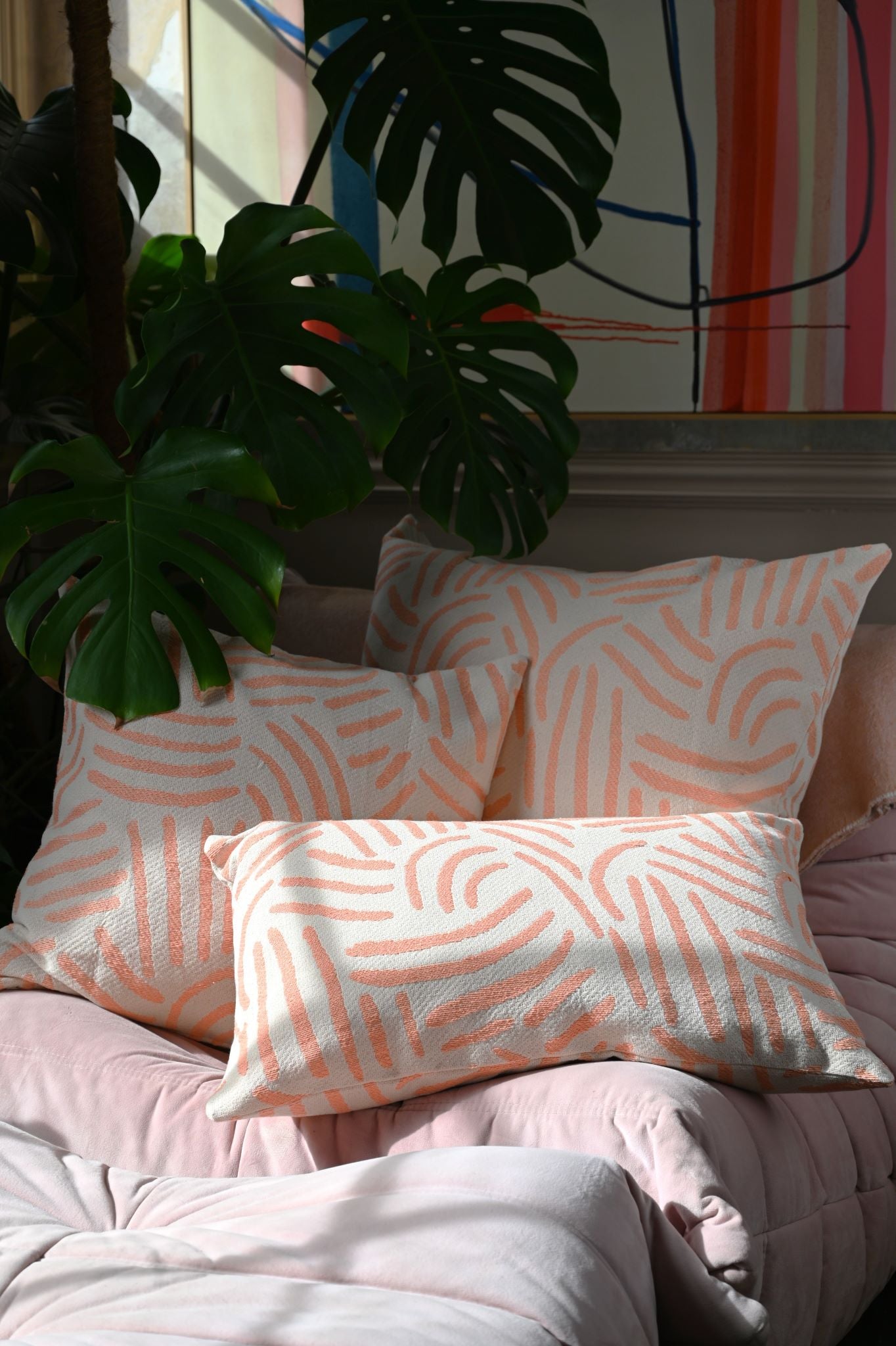 Woven Peach Pink Crosshatch Cushion Collection