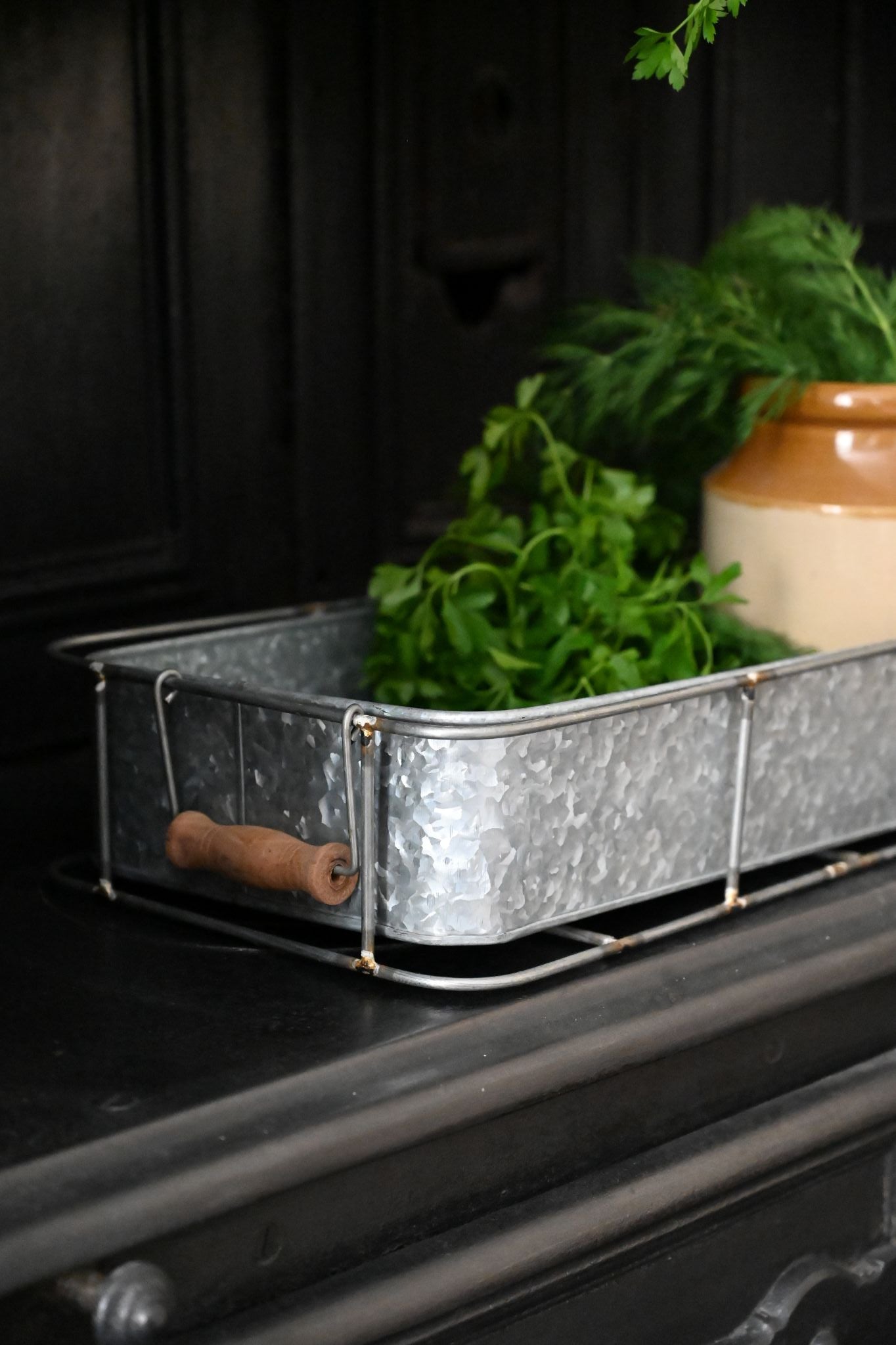 Set of Two Iron Trays With Wood Handles