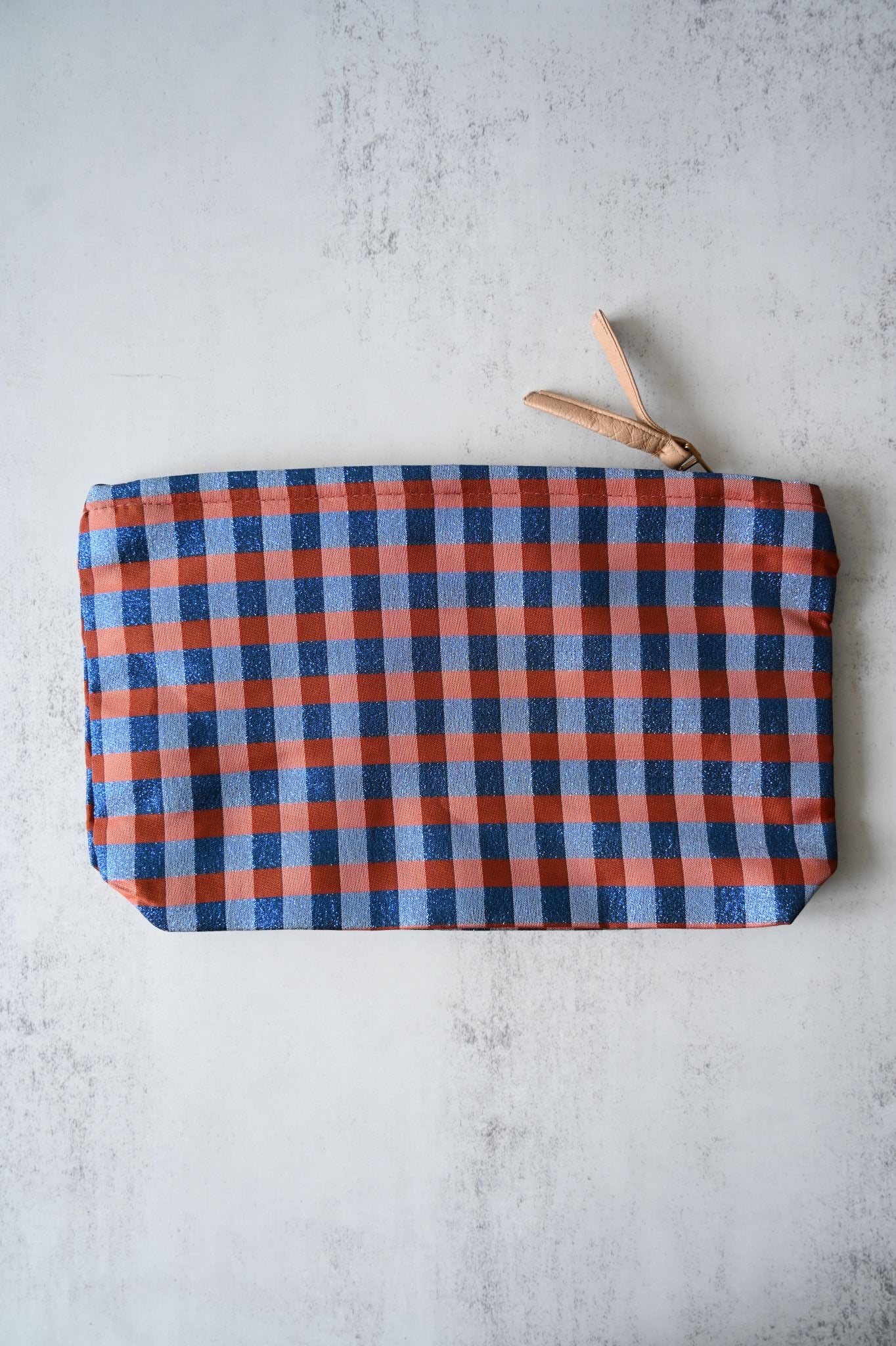Large Navy and Orange Gingham Pouch