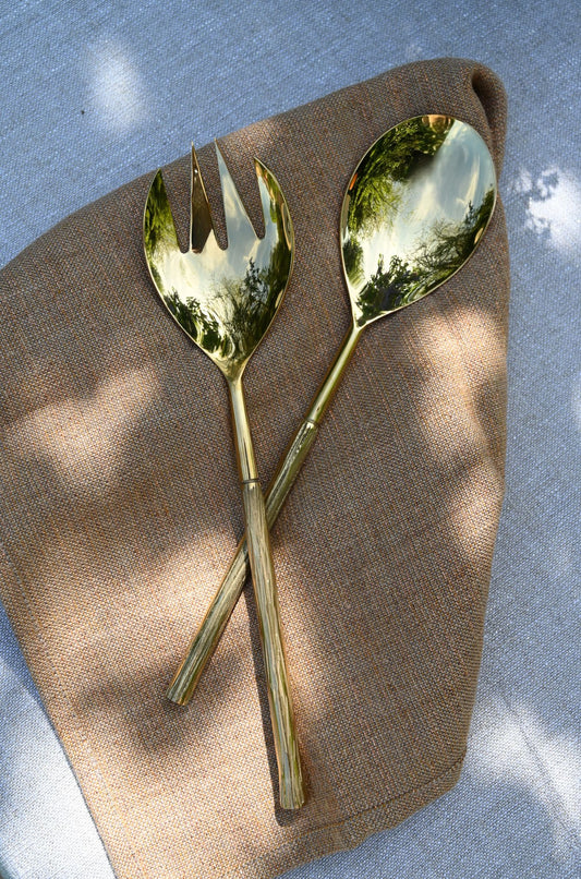 Lot de deux couverts à salade en forme de branche rainurée dorée