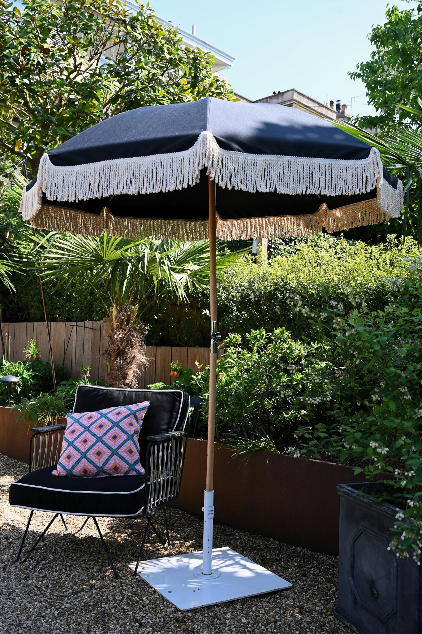 black fringe patio umbrella Diana Black Beach Parasol