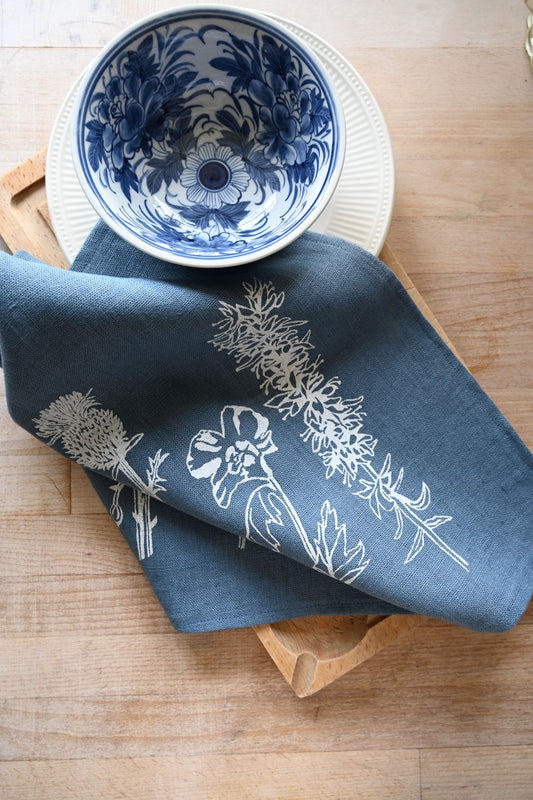 Kate Westcott Flowers Linen Napkin in Dusk Blue