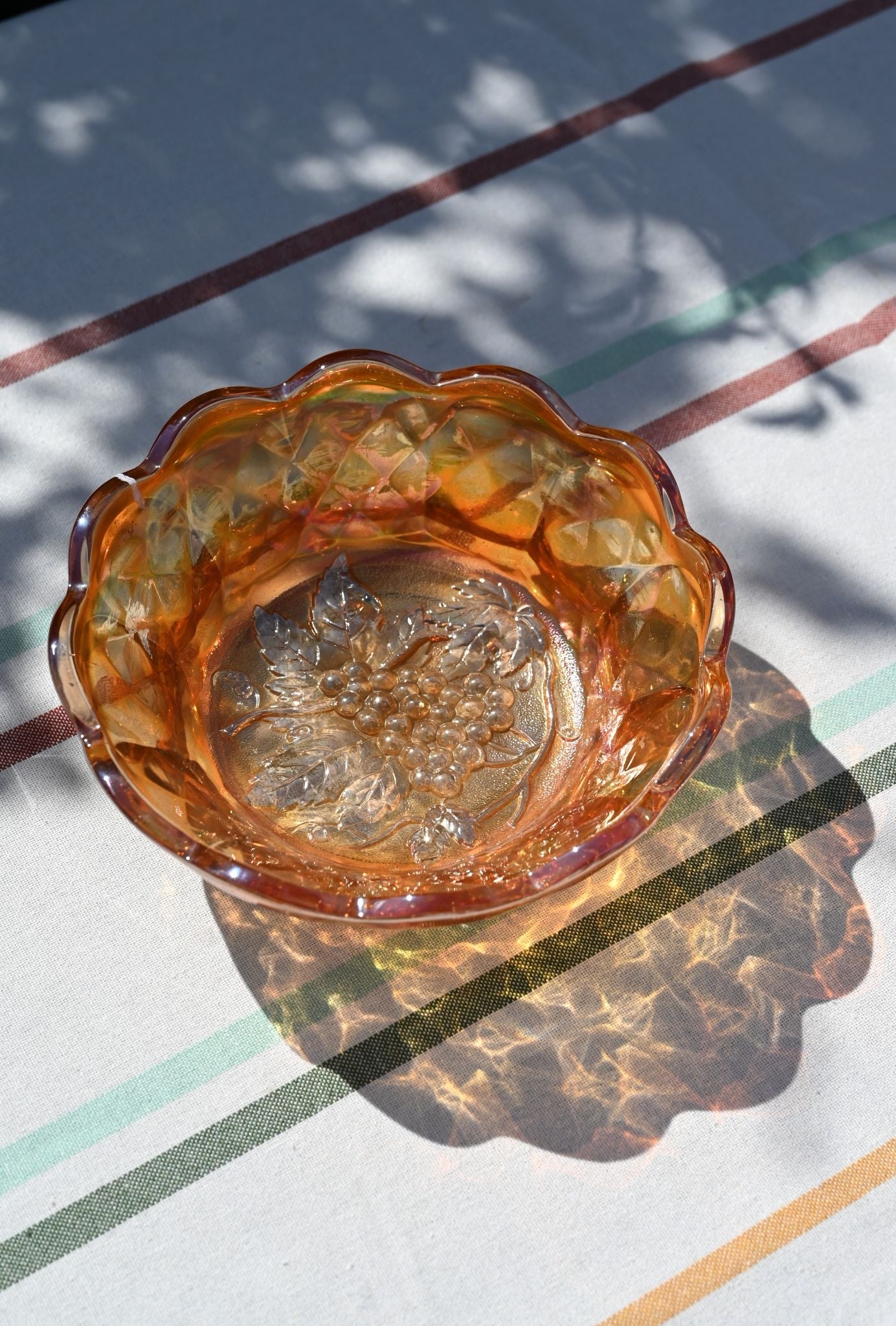 Vintage Scalloped Grapes Carnival Glass Bowl