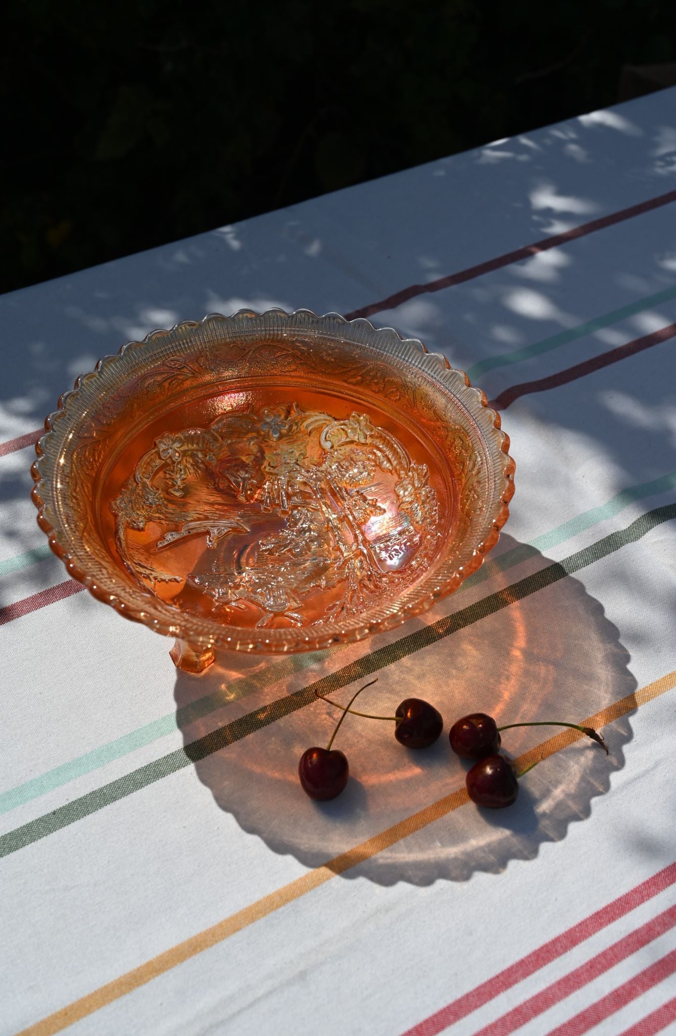 Large Scalloped Windmill Carnival Glass Footed Bowl