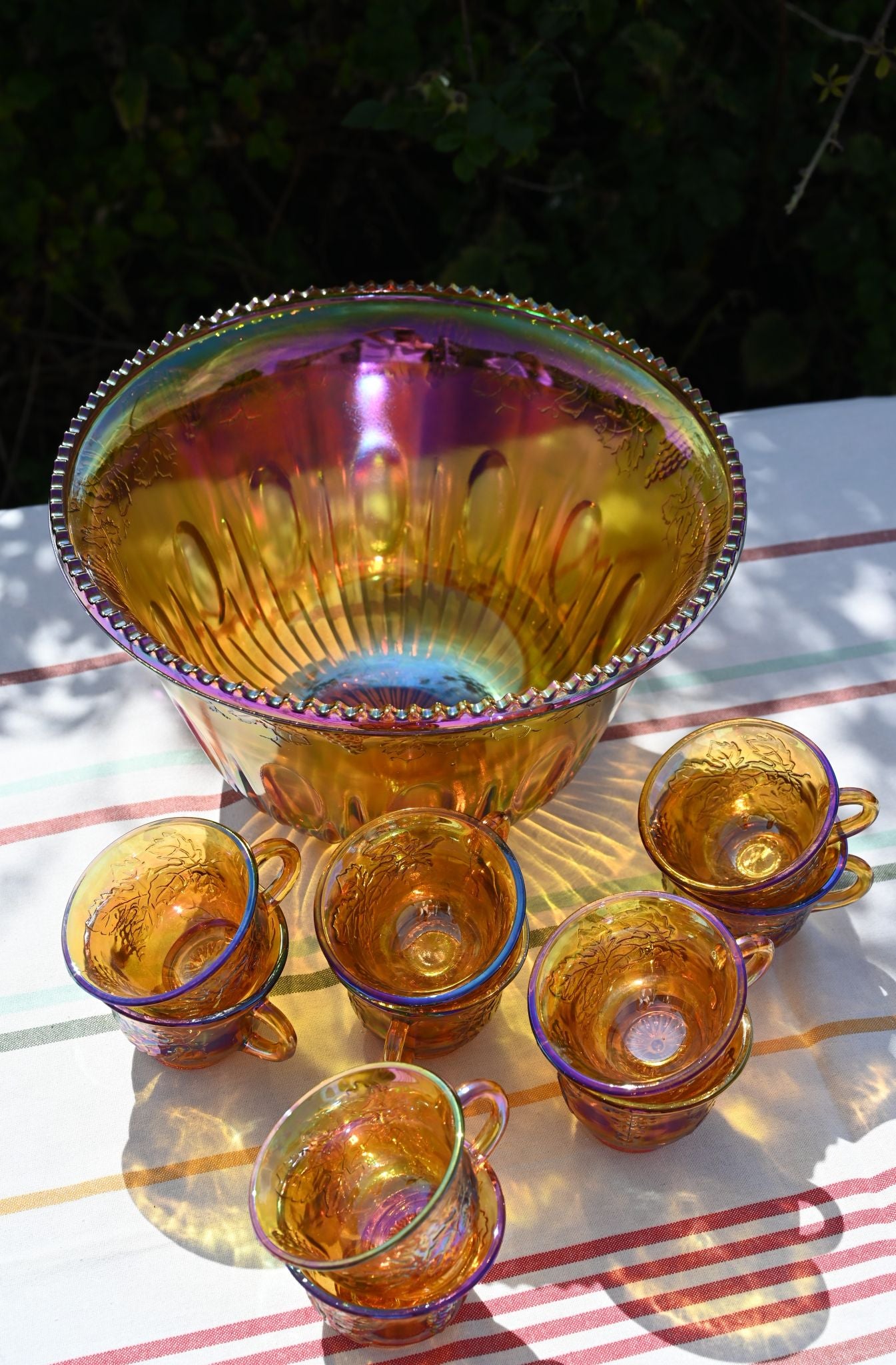 Marigold Carnival Glass Punch Bowl and Cups Set
