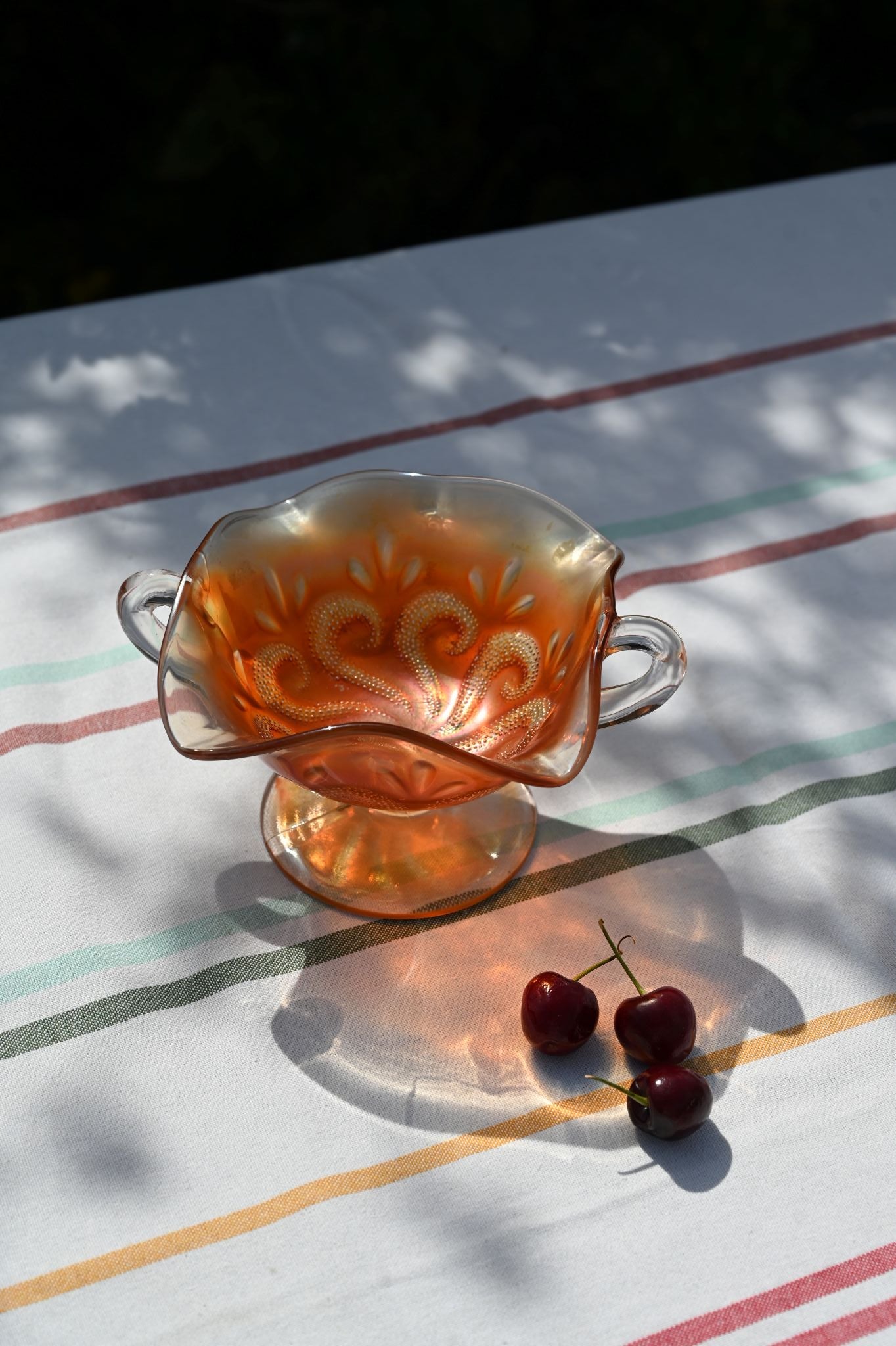 Ruffled Carnival Glass Bowl with Handles