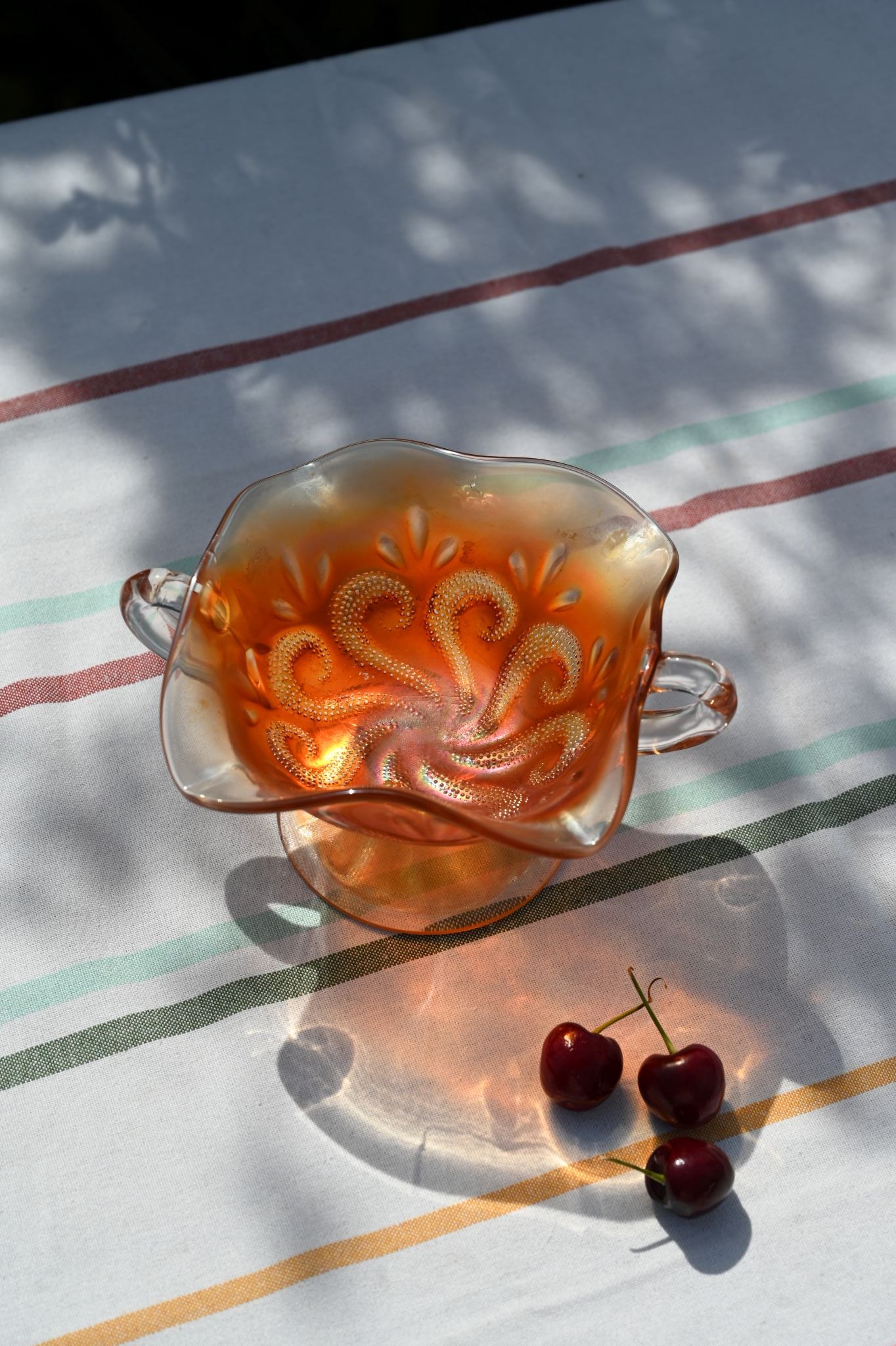 Ruffled Carnival Glass Bowl with Handles