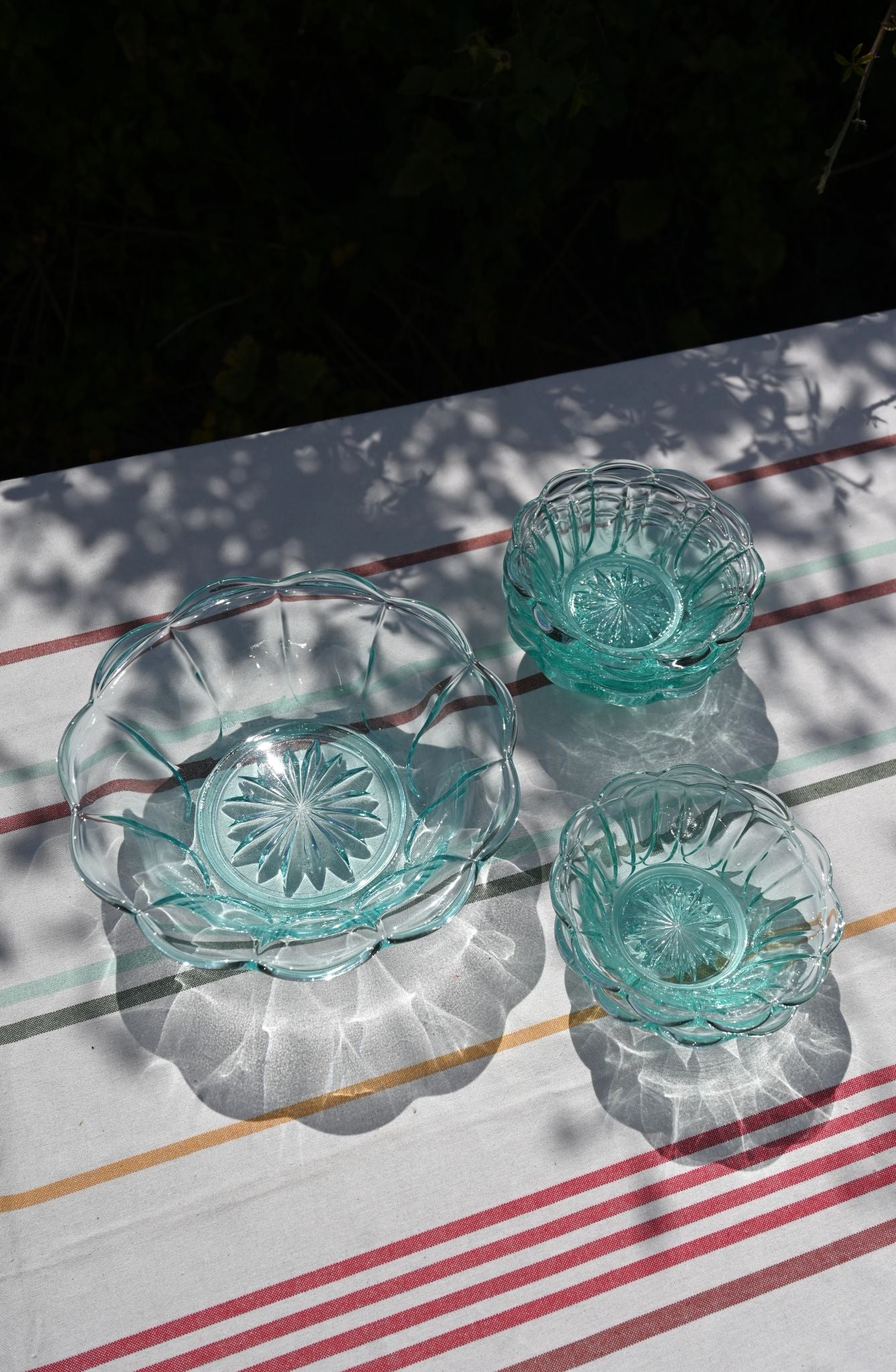 Set of Seven Ice Blue Glass Scallop Dessert Bowl Set