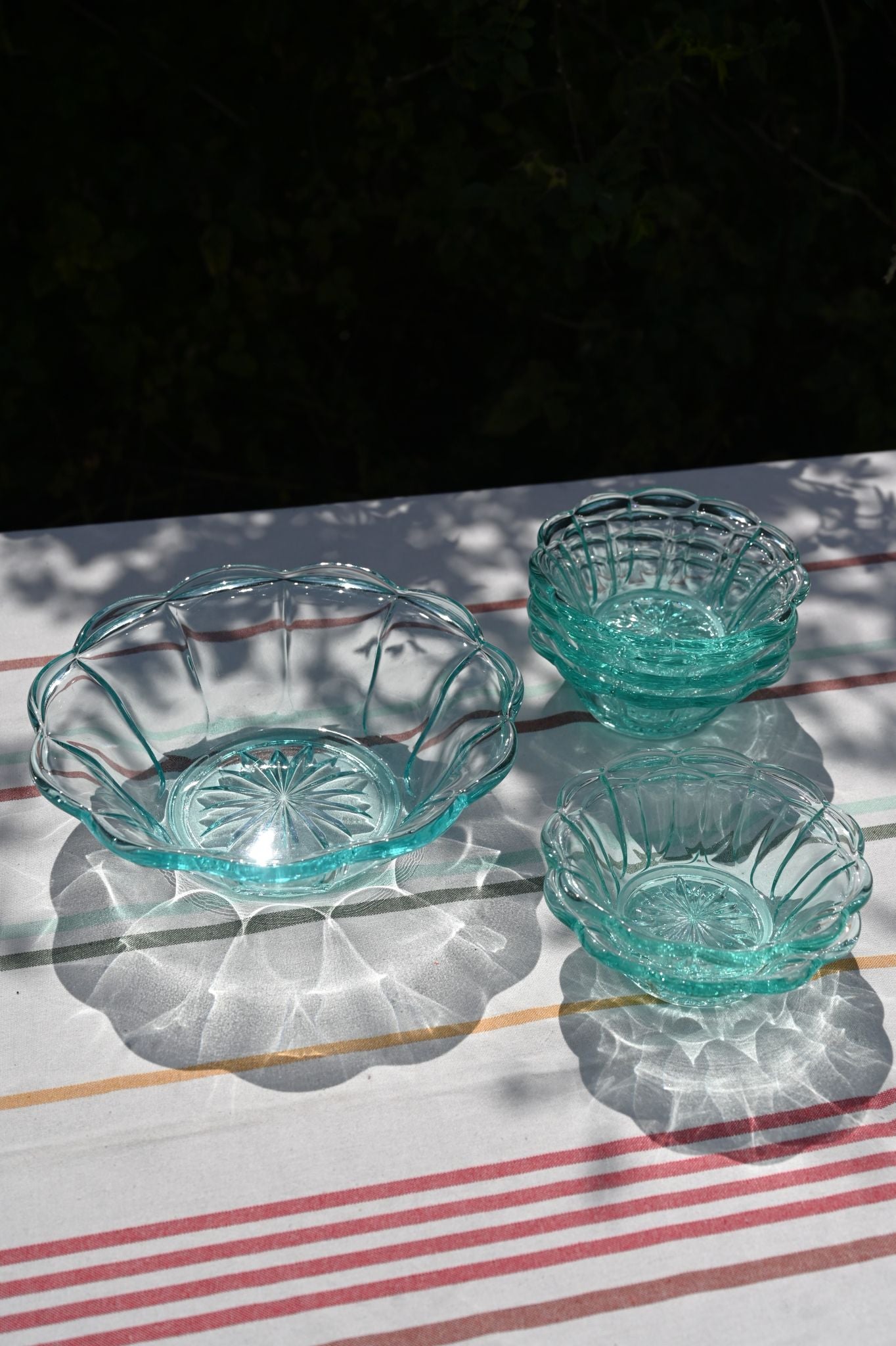 Set of Seven Ice Blue Glass Scallop Dessert Bowl Set
