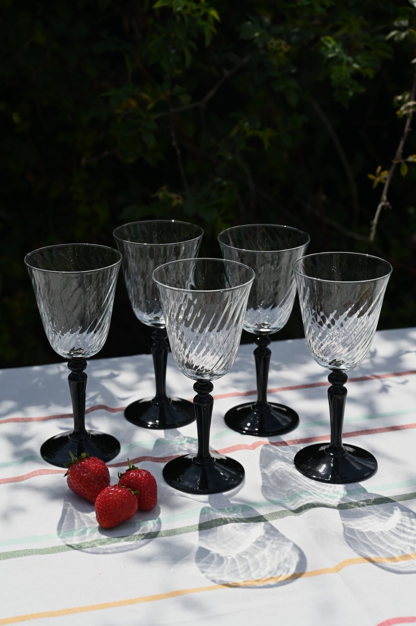 Set of Five Vintage French Black Stem Swirl Glasses