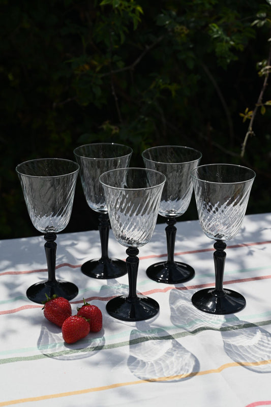 Set of Five Vintage French Black Stem Swirl Glasses