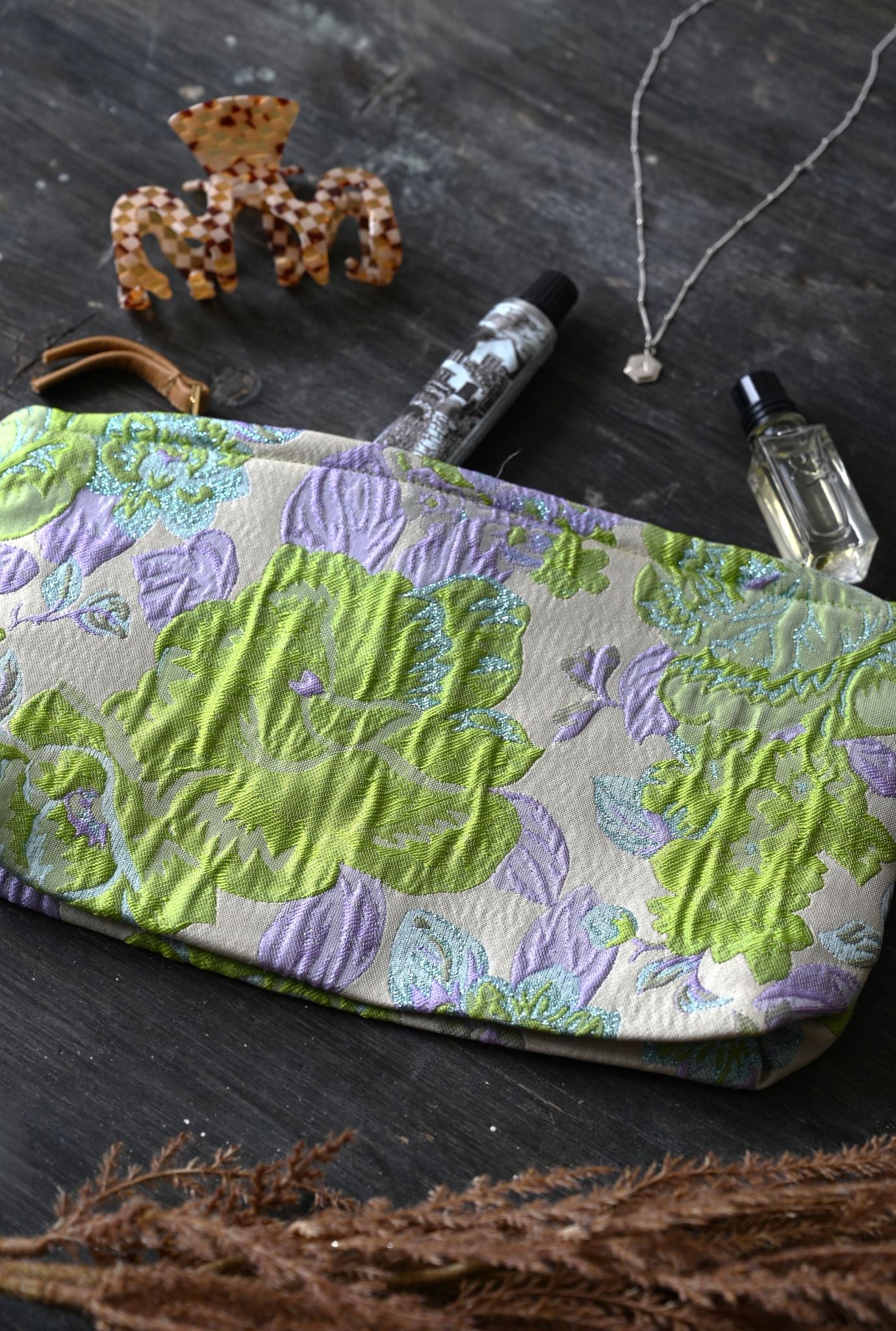 Large Green and Purple Peony Pouch