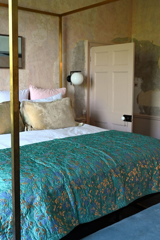 Teal and Gold Metallic Floral Dagny Limited Edition Bed Throw