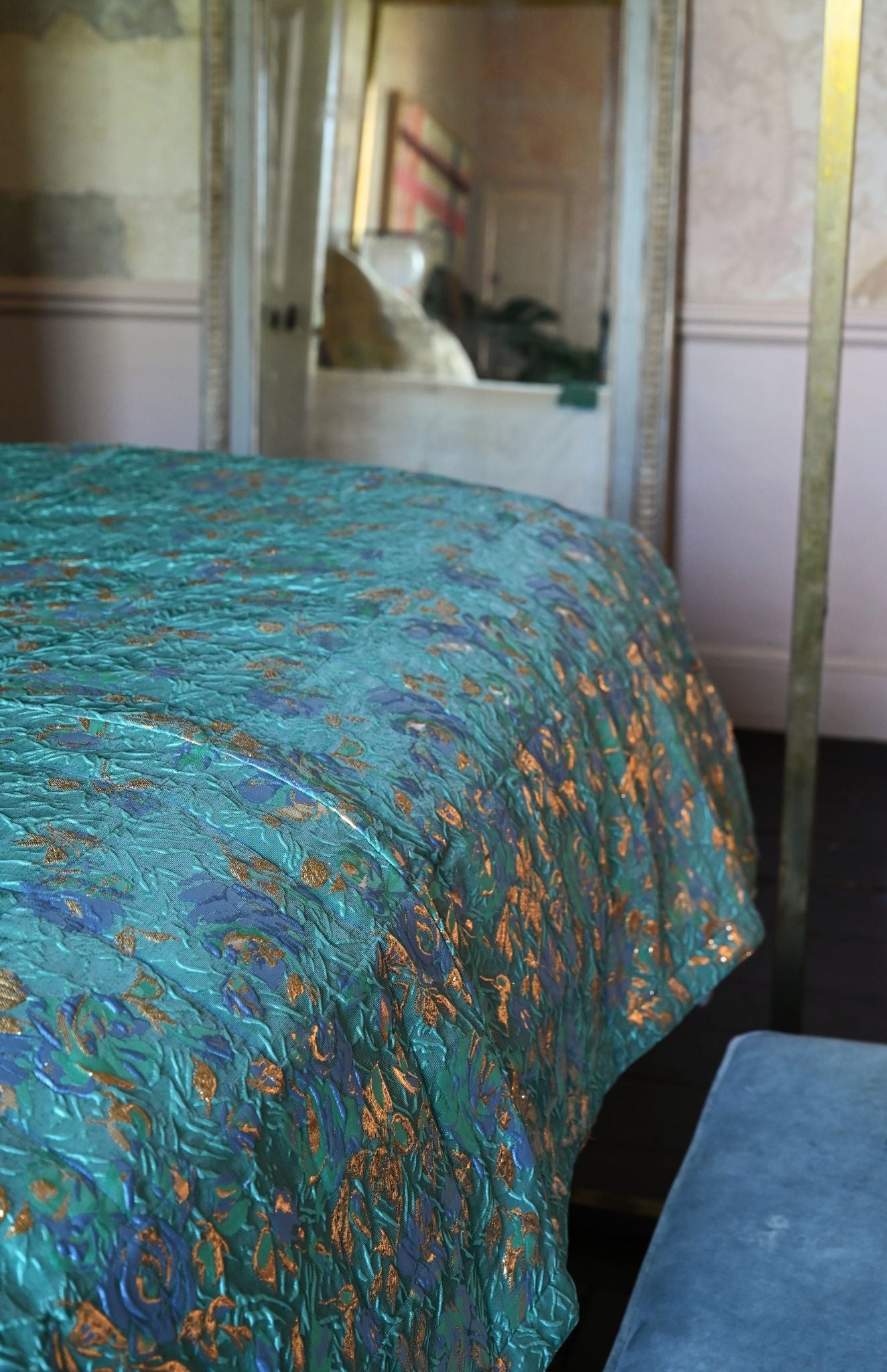 Teal and Gold Metallic Floral Dagny Limited Edition Bed Throw