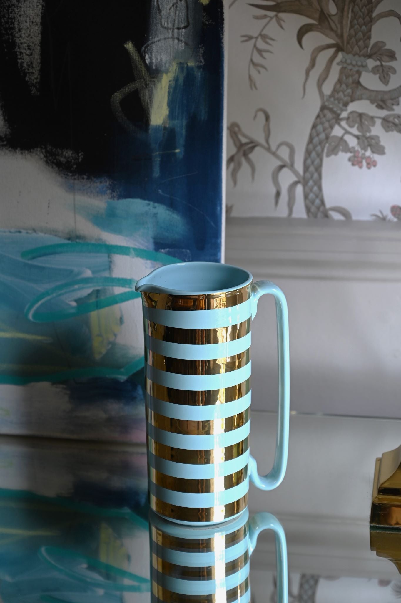 24K Gold and Blue Striped Ceramic Jug