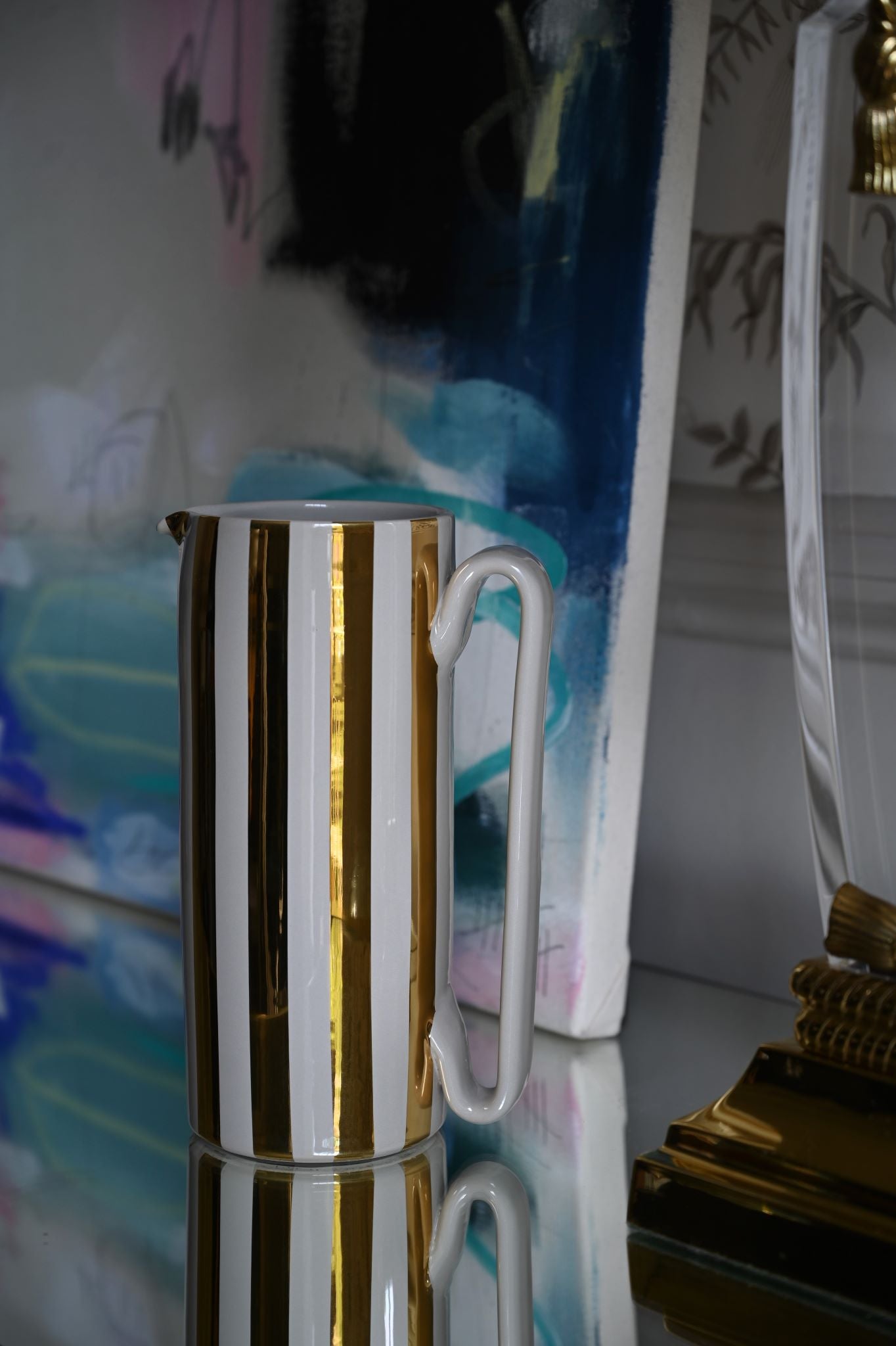 24K Gold and Grey Striped Ceramic Jug