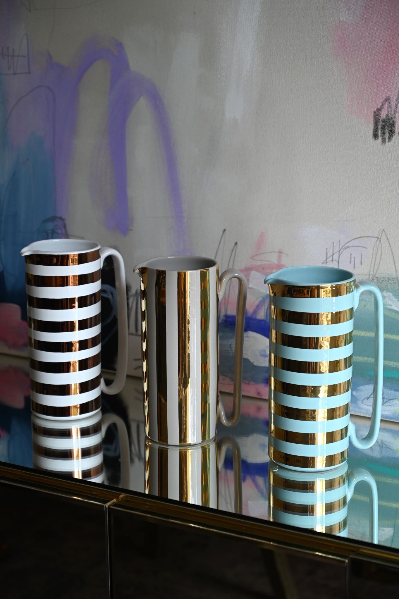 24K Gold and Grey Striped Ceramic Jug