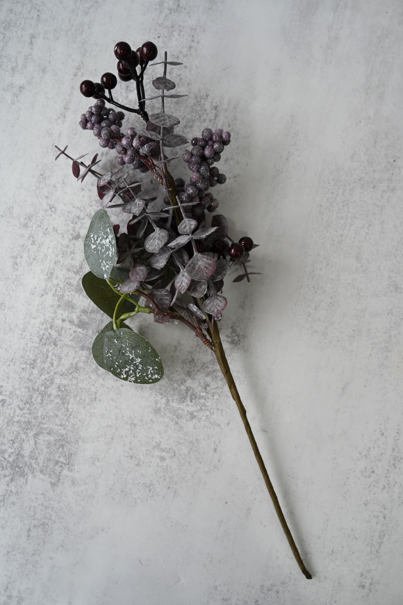 Faux frosted sloe berry branch with dusty purple berries and gray eucalyptus foliage.