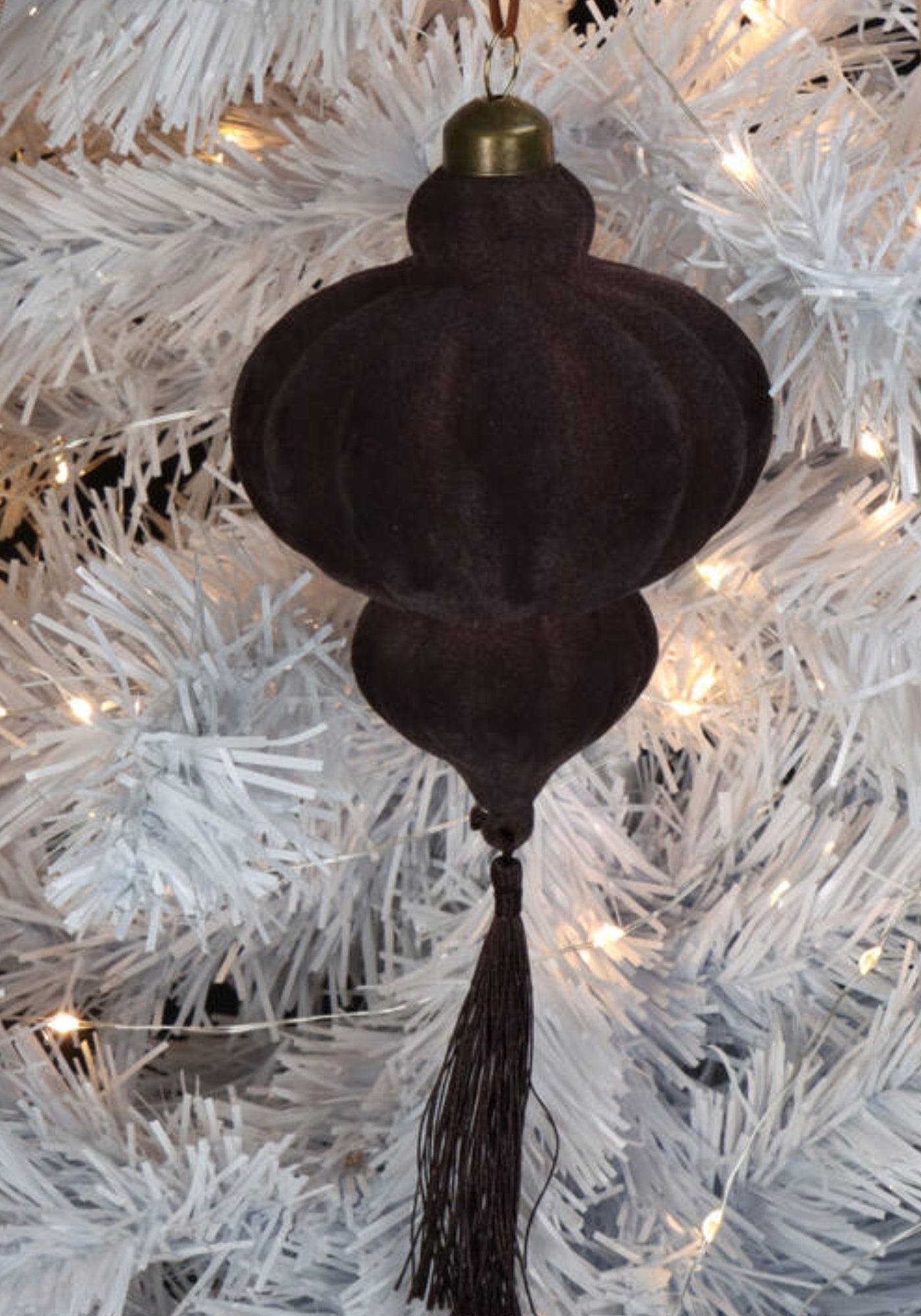 Dark brown velvet Art Deco finial Christmas ornament with antique brass cap and tassel.