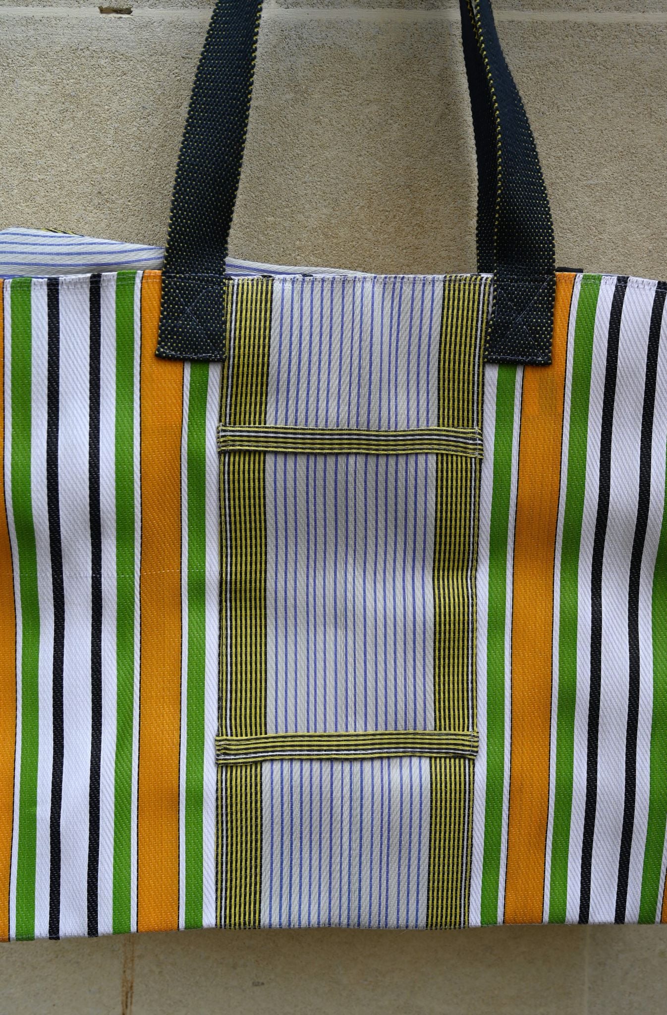 Sac de marché carré à rayures vertes et oranges