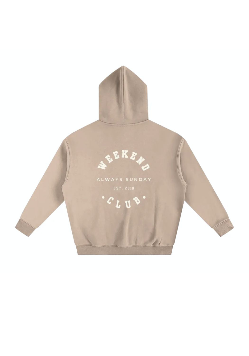 Beige hoodie with 'Weekend Club' text on a white background