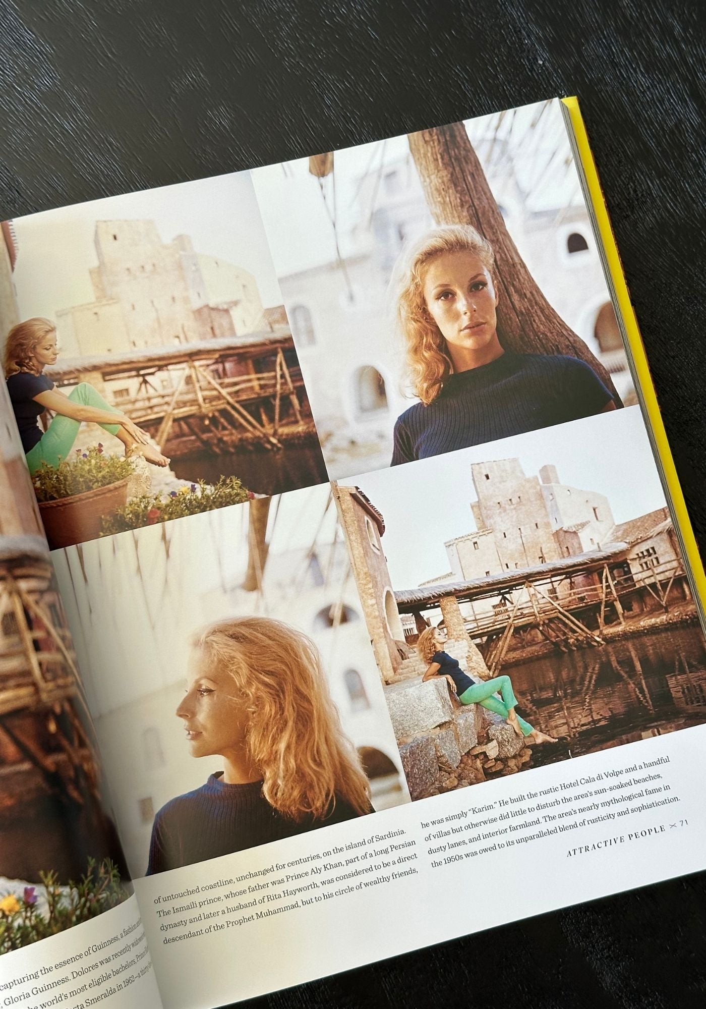Open book showing a collage of photos featuring a woman in various settings.