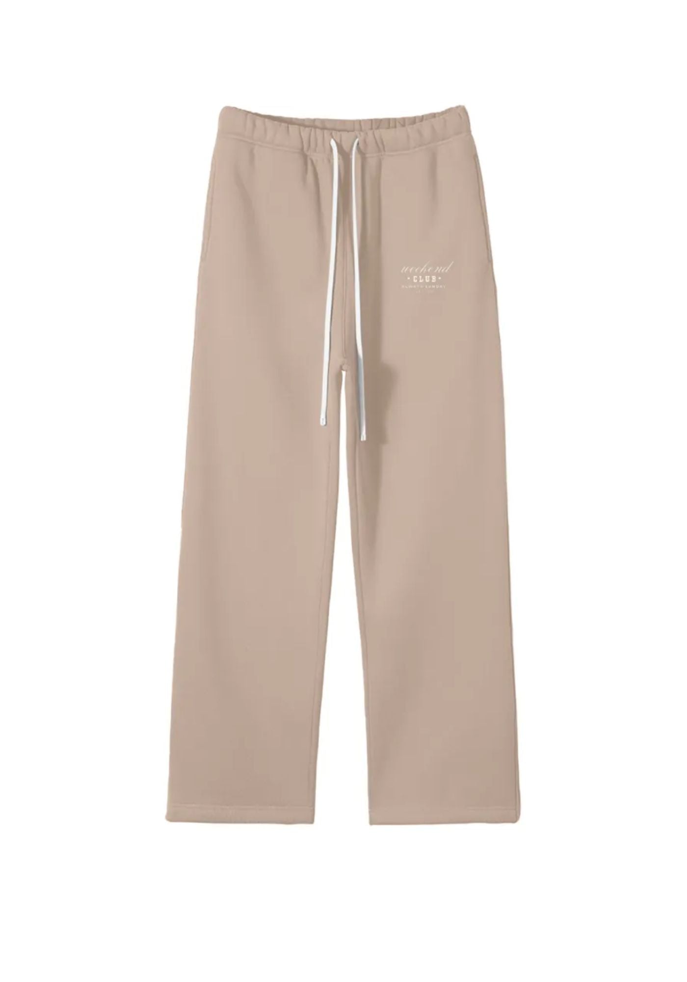 Oat Latte beige straight leg fleece trousers with white drawstring and club logo print.