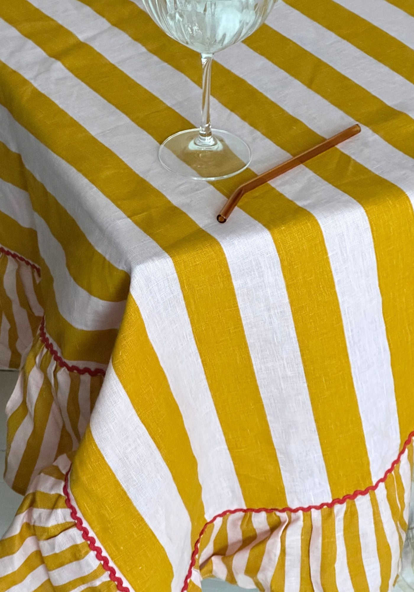 Amalfi Yellow Striped Ruffle Border Linen Tablecloth
