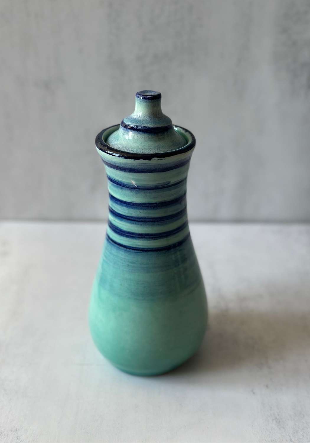 Mint and Blue Stripe Tall Stephen Bishop Lidded Bottle