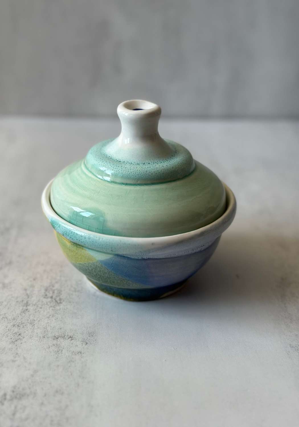 Mint Yellow and Blue Geometric Stephen Bishop Lidded Pot