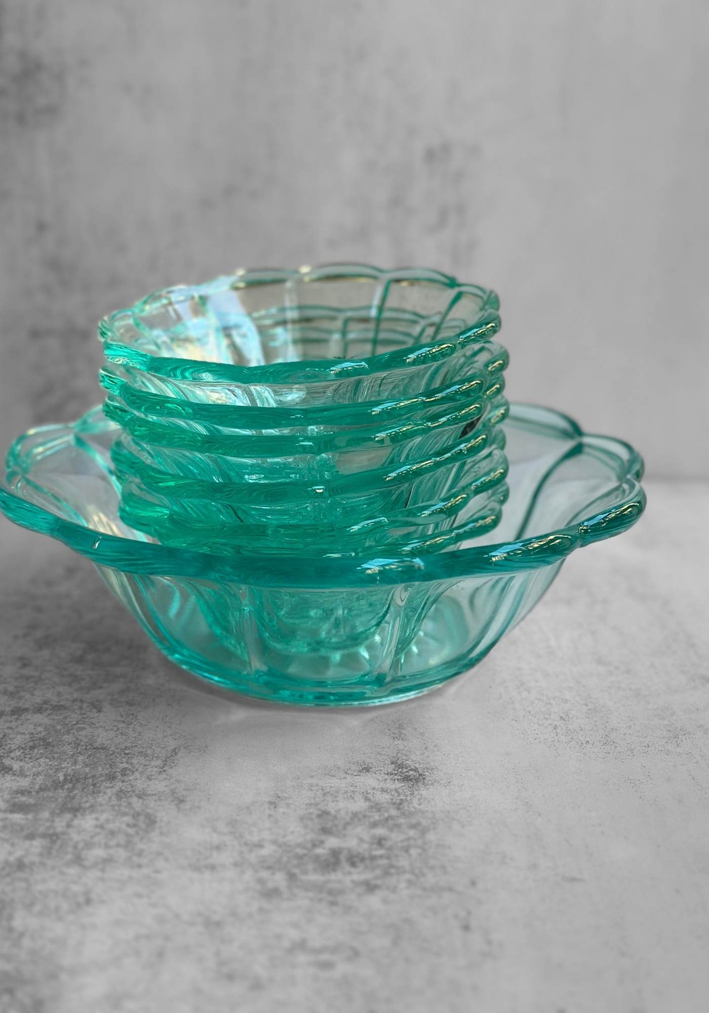 Set of Seven Ice Blue Glass Scallop Dessert Bowl Set