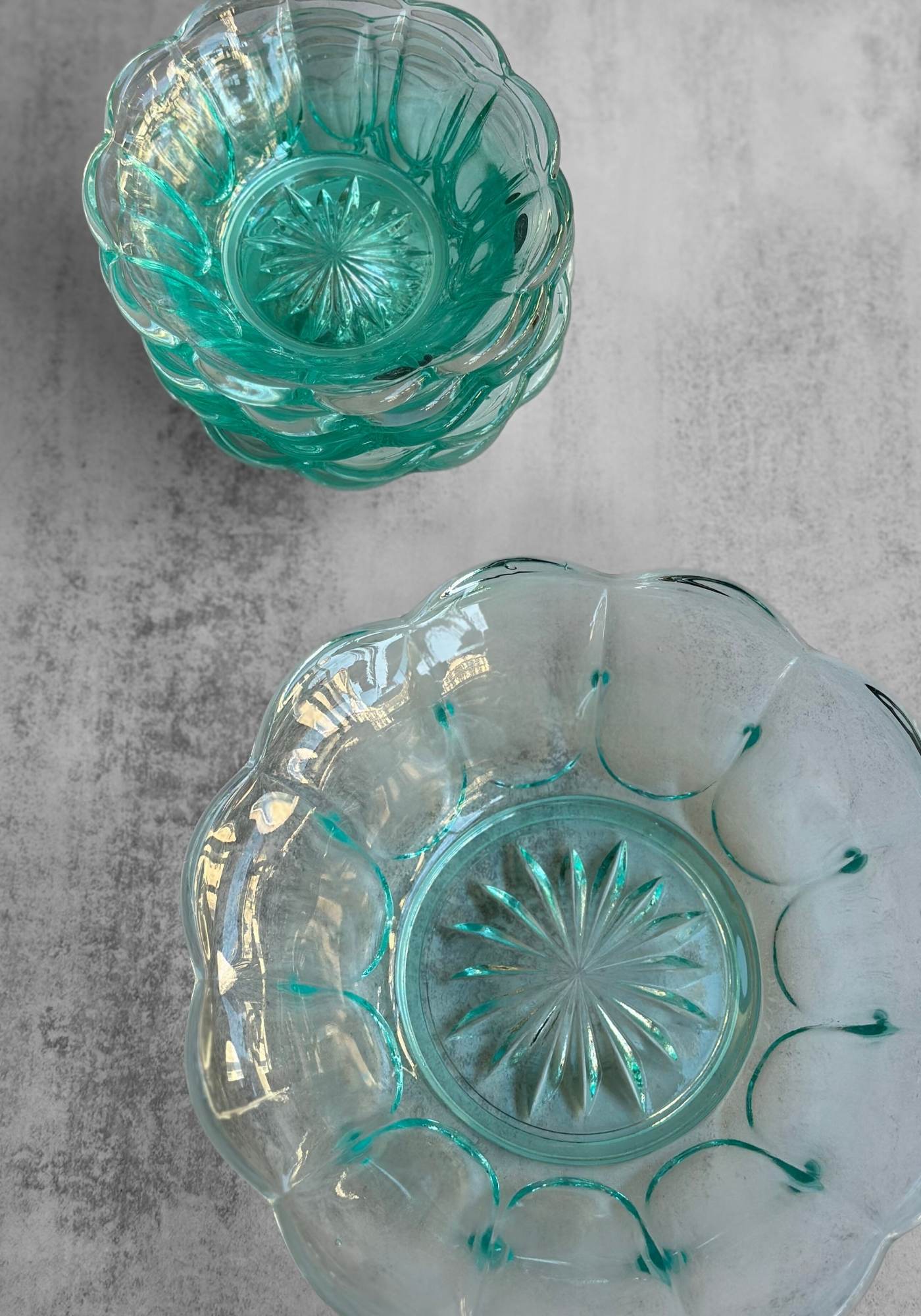Set of Seven Ice Blue Glass Scallop Dessert Bowl Set