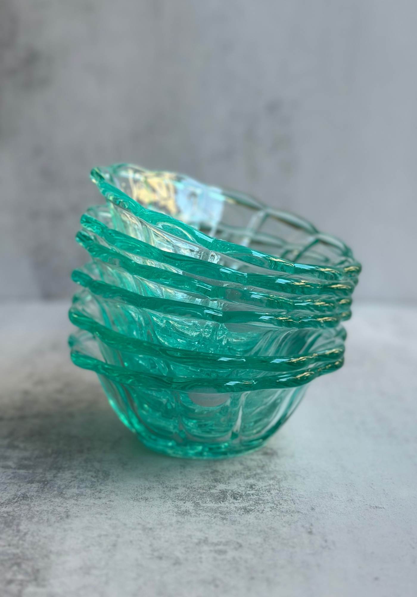 Set of Seven Ice Blue Glass Scallop Dessert Bowl Set