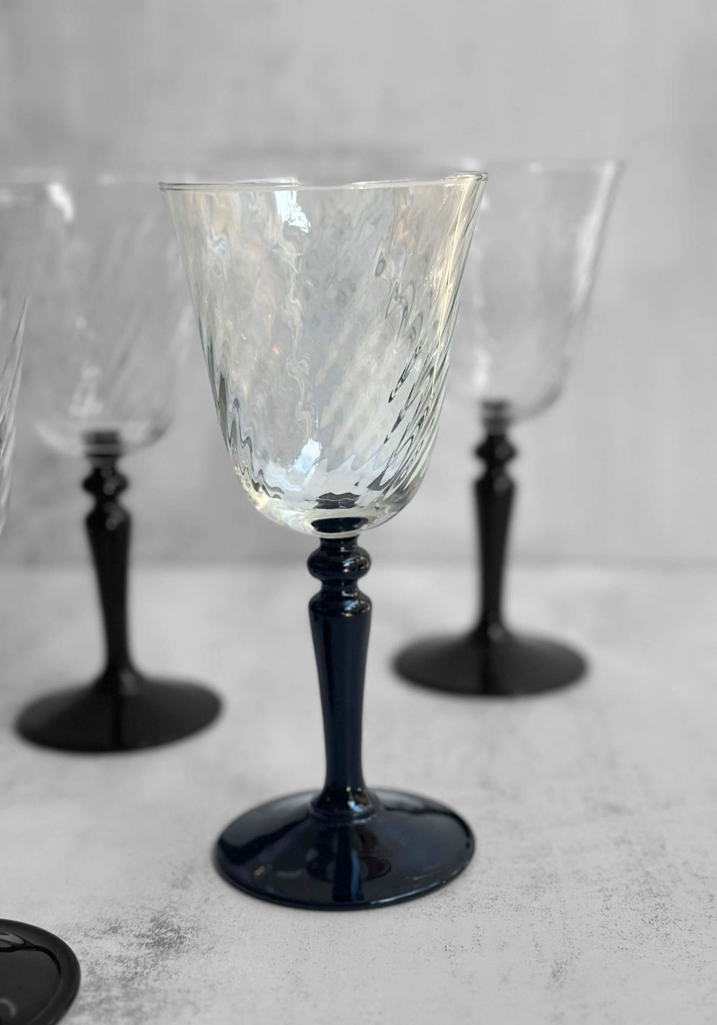 Set of Five Vintage French Black Stem Swirl Glasses