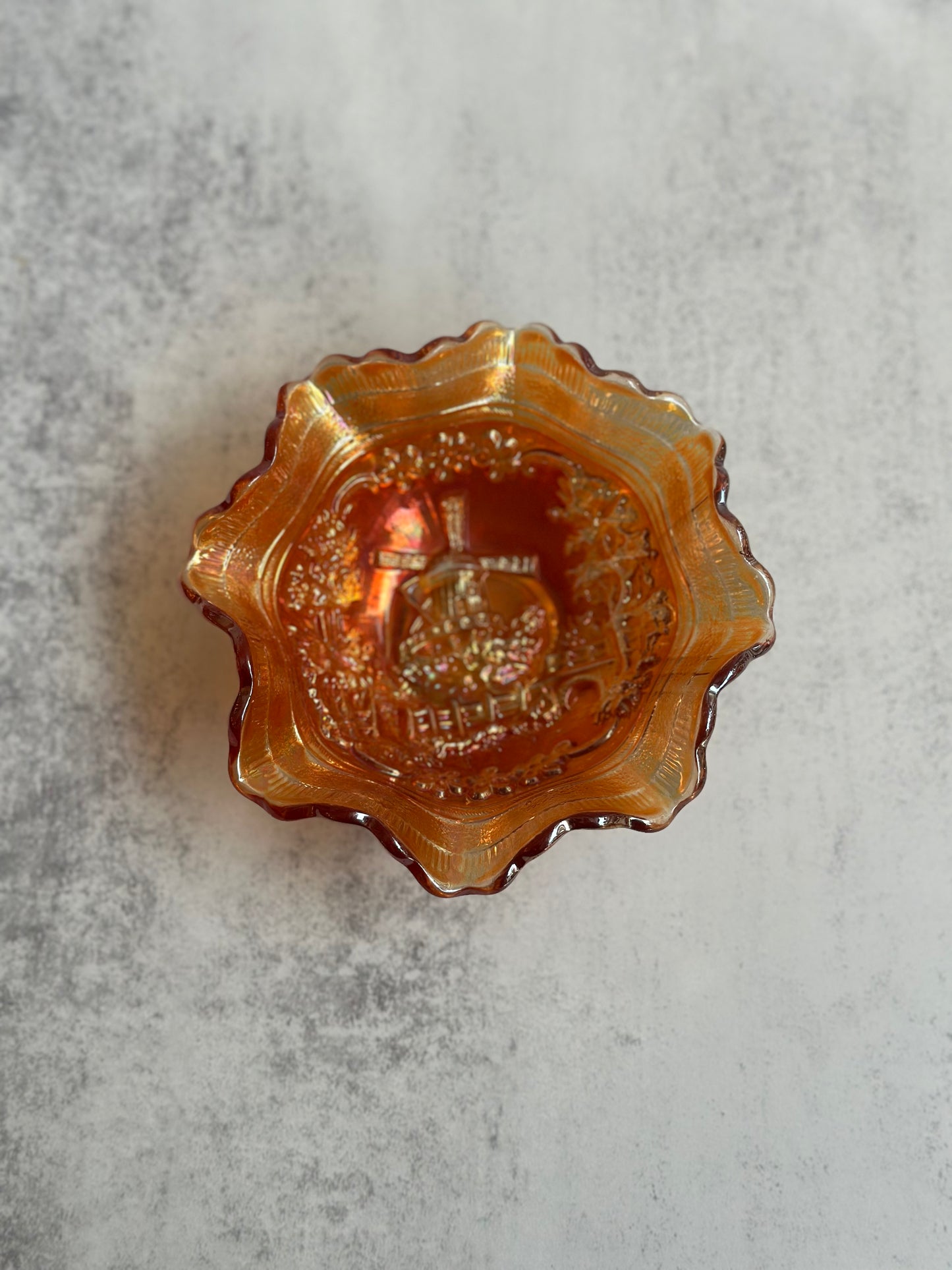 Small Ruffled Windmill Carnival Glass Bowl