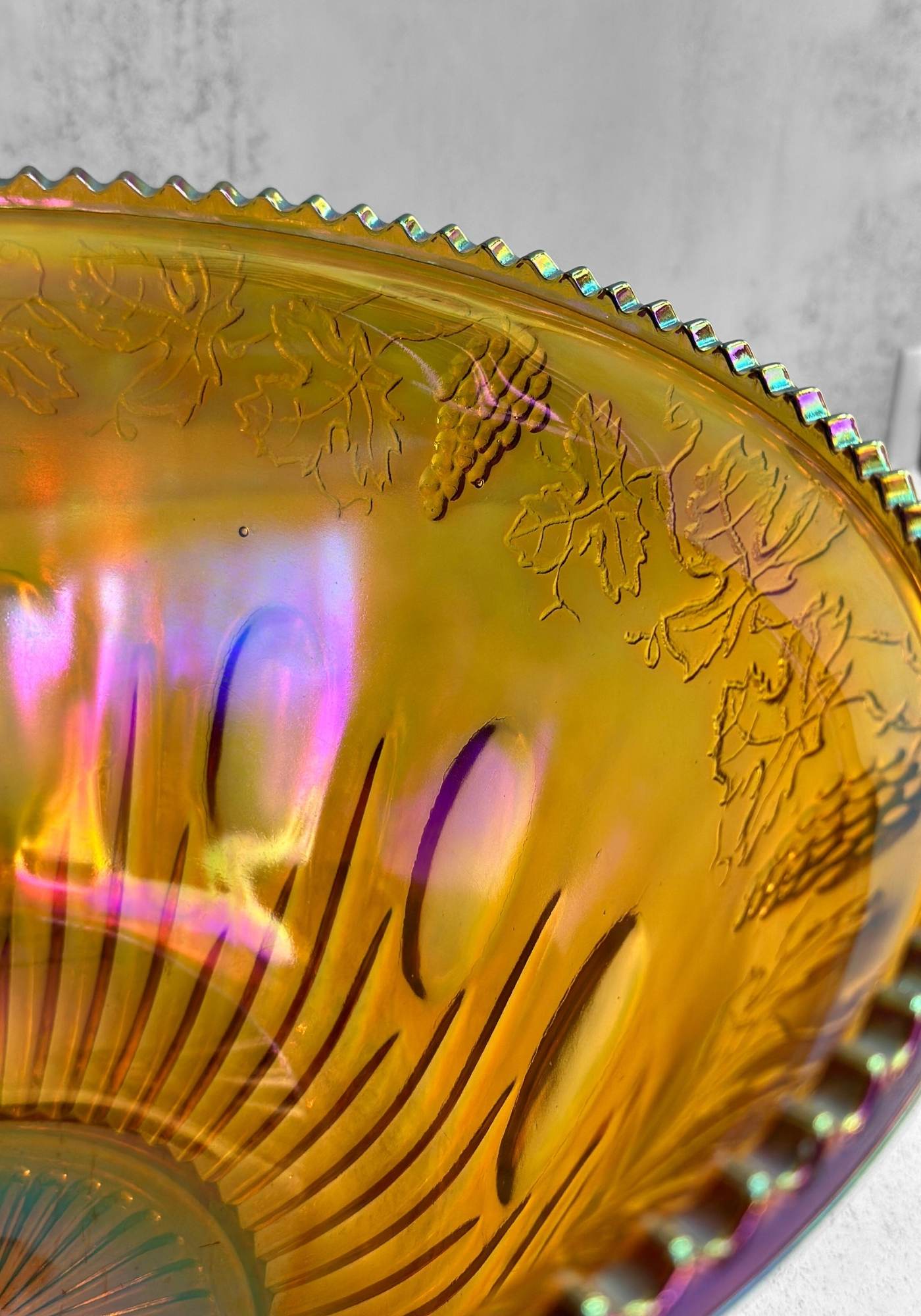 Marigold Carnival Glass Punch Bowl and Cups Set