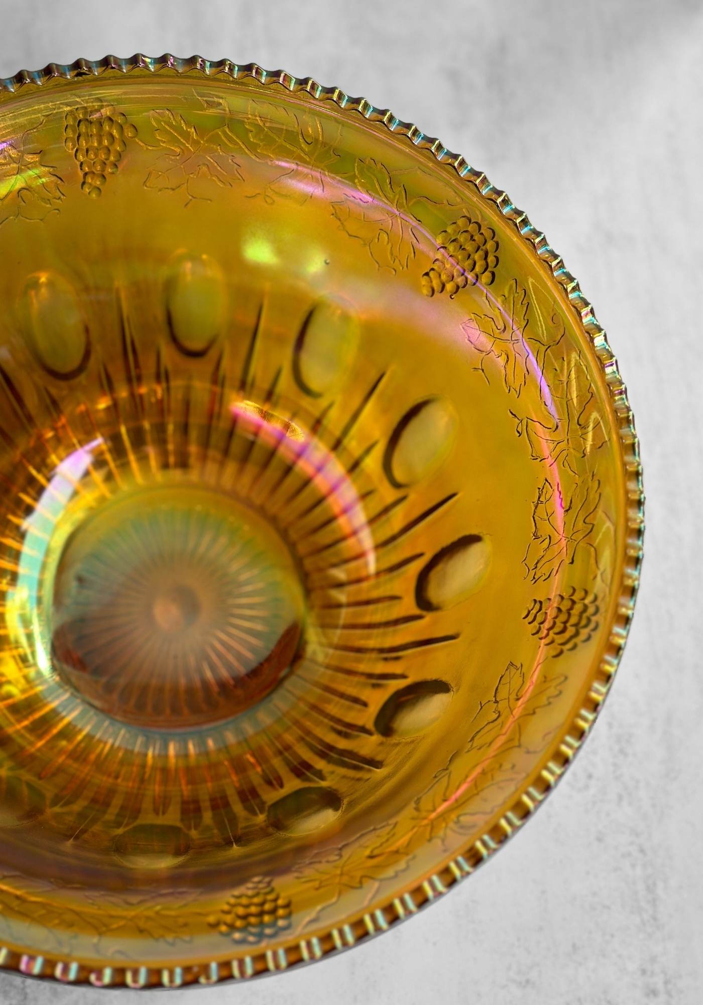 Marigold Carnival Glass Punch Bowl and Cups Set