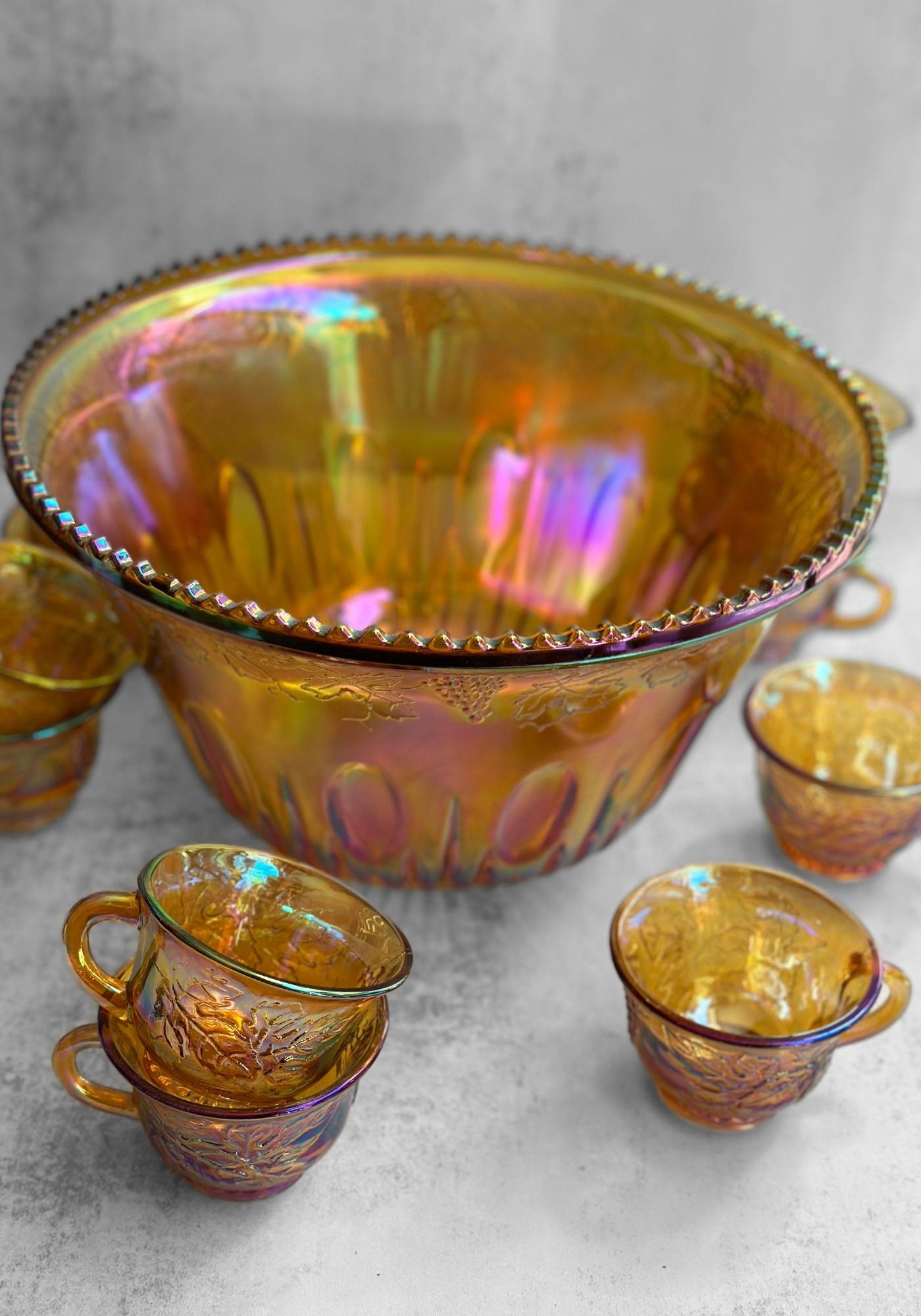 Marigold Carnival Glass Punch Bowl and Cups Set