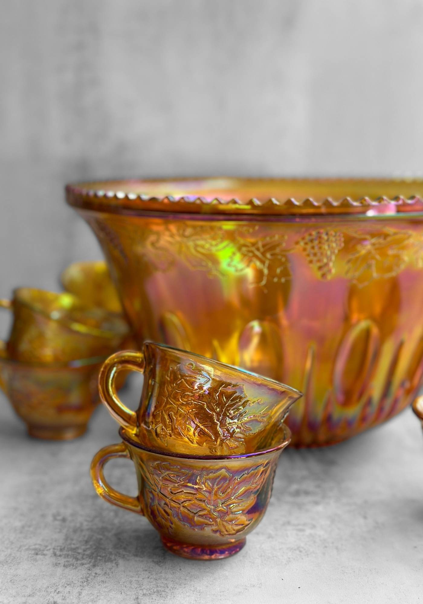 Marigold Carnival Glass Punch Bowl and Cups Set