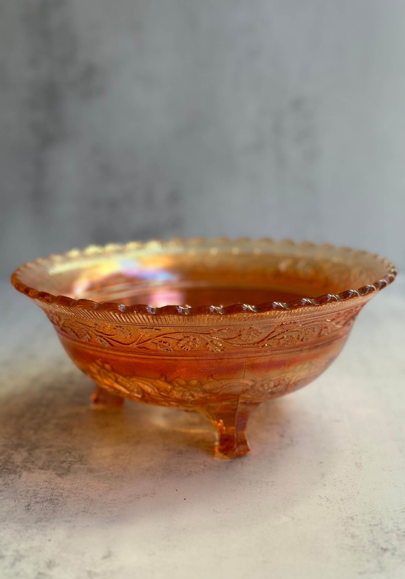 Large Scalloped Windmill Carnival Glass Footed Bowl