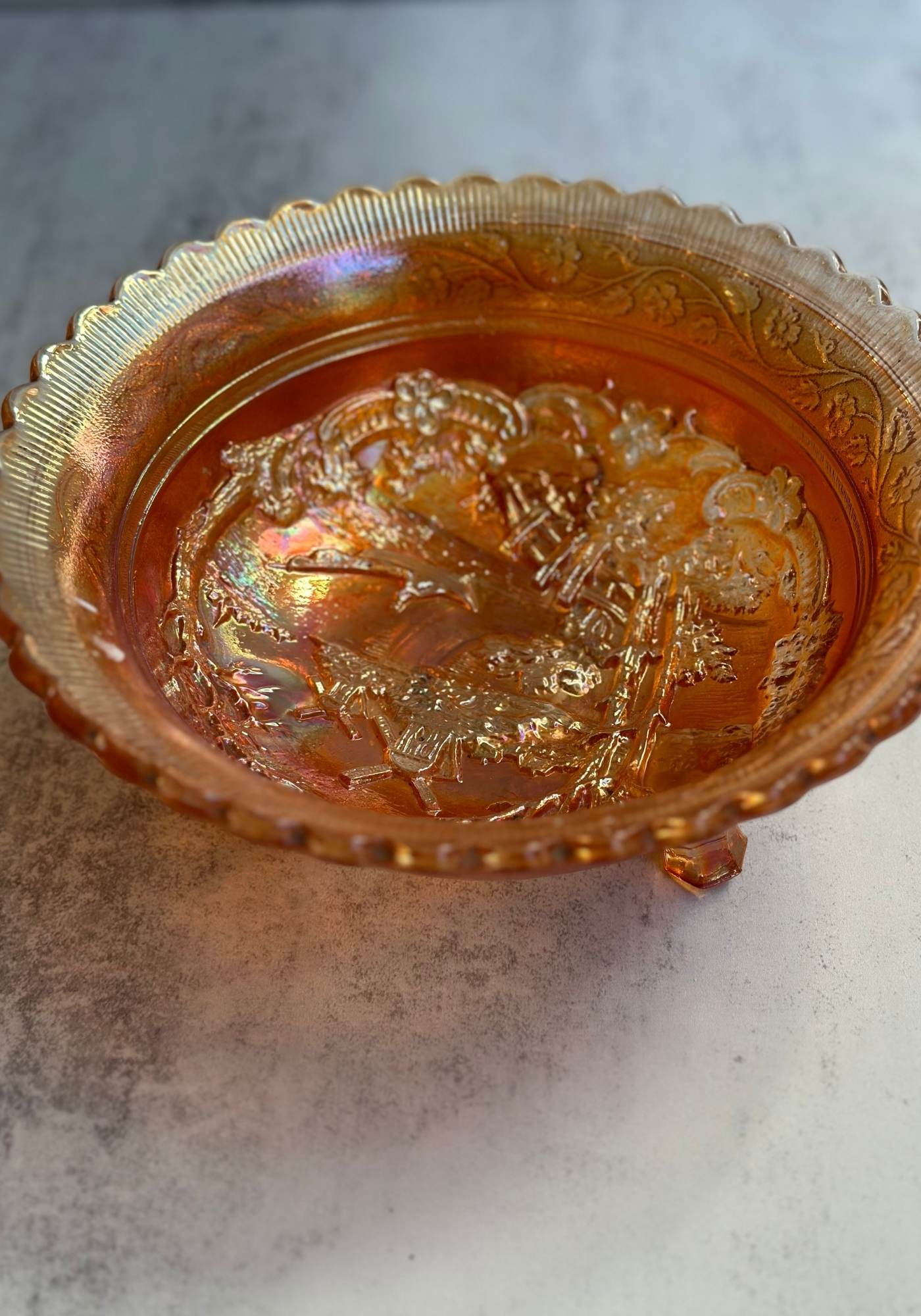 Large Scalloped Windmill Carnival Glass Footed Bowl