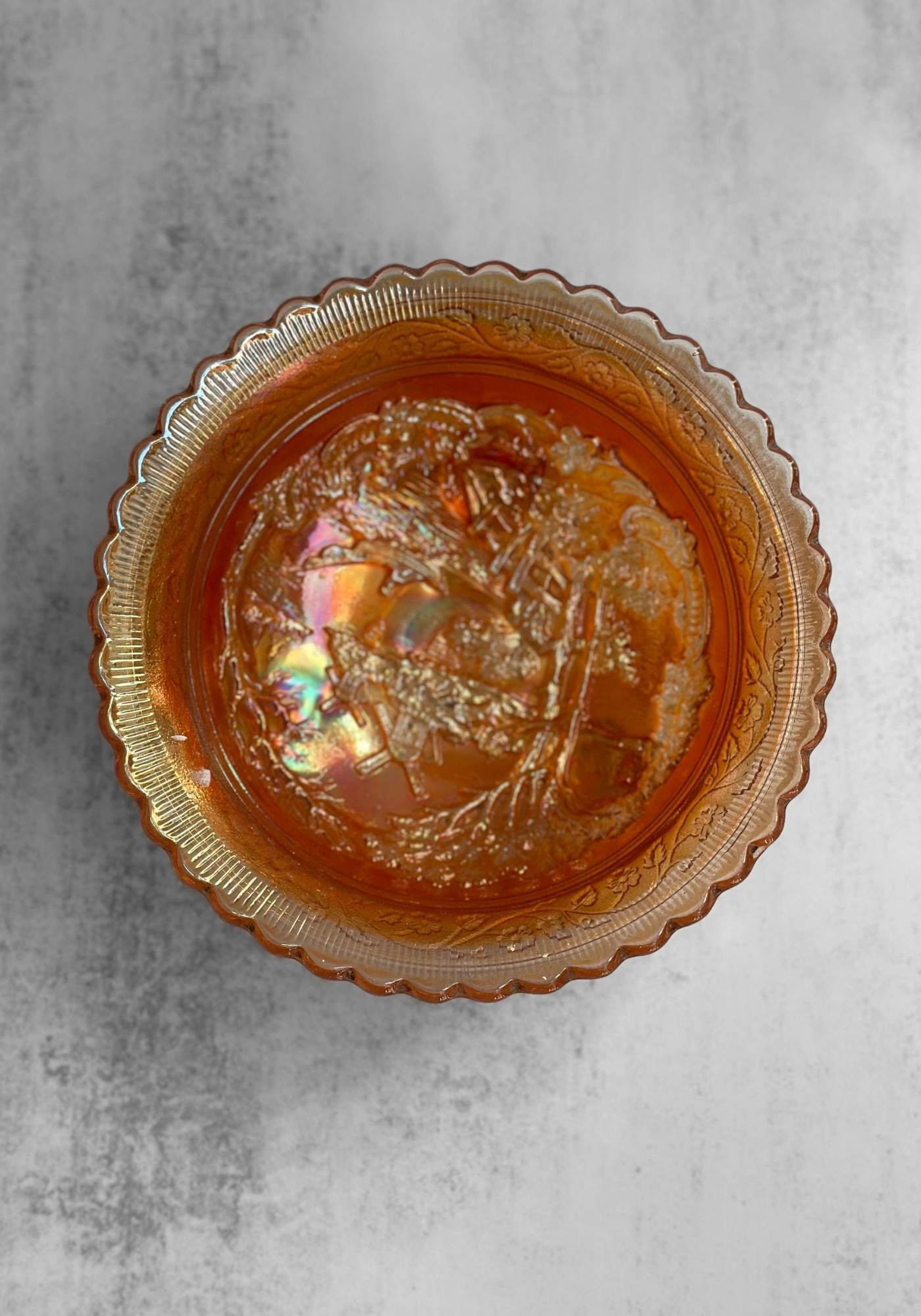 Large Scalloped Windmill Carnival Glass Footed Bowl